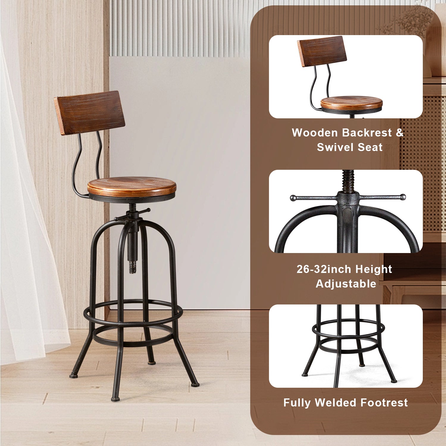 Set of 2 Industrial Swivel Bar Stools with Backrest 26 32 inch Height TOPOWERLIVING