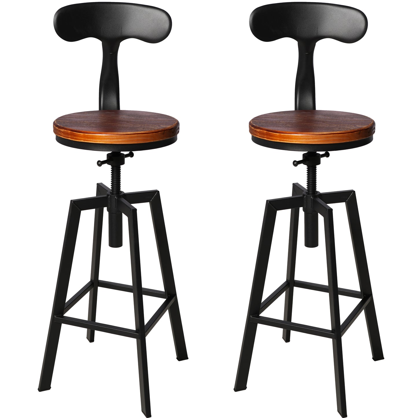 SET OF 2,24.8"-28.74" Tall Adjustable Swivel Stools with Iron Backrest Industrial Farmhouse Bar Stools Home Kitchen Dining Breakfast Chair,Brown Seat Top