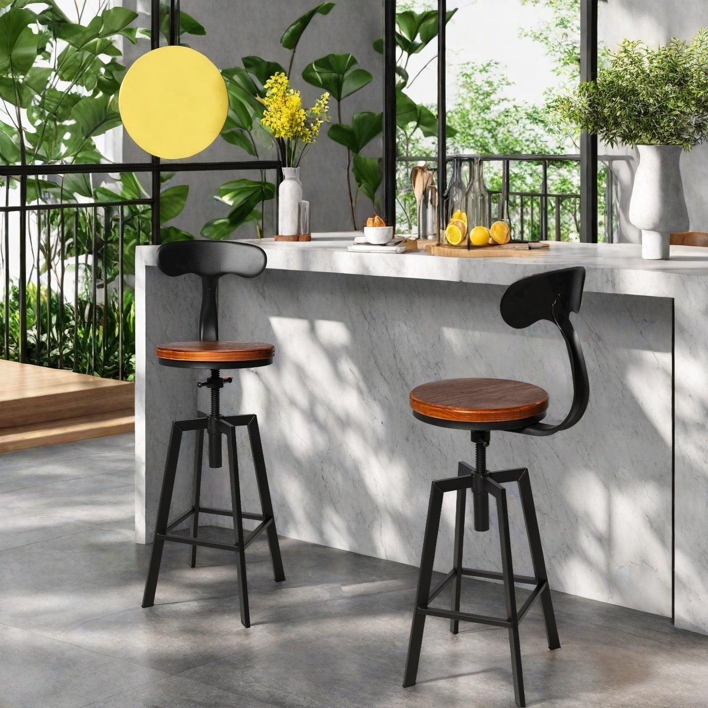 SET OF 2,24.8"-28.74" Tall Adjustable Swivel Stools with Iron Backrest Industrial Farmhouse Bar Stools Home Kitchen Dining Breakfast Chair,Brown Seat Top