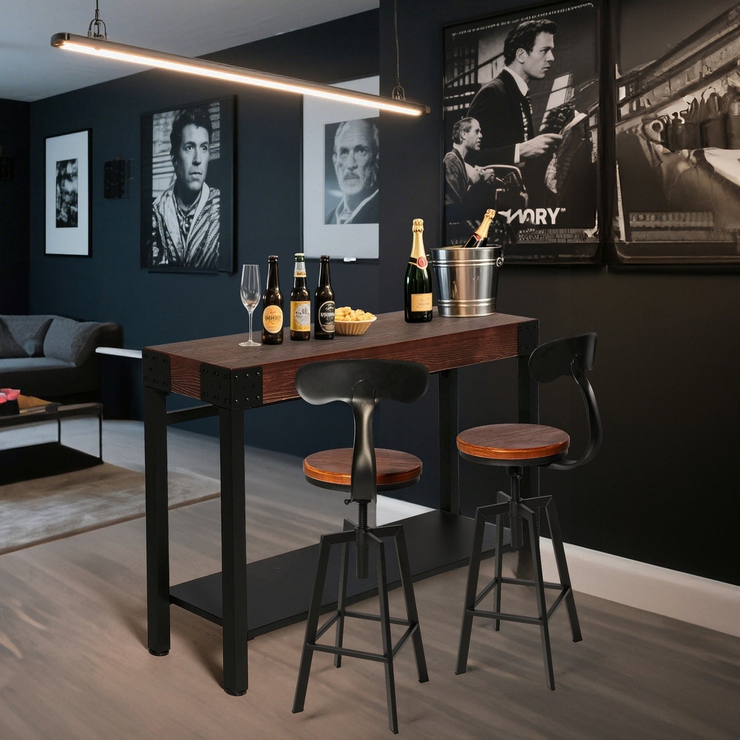 SET OF 2,24.8"-28.74" Tall Adjustable Swivel Stools with Iron Backrest Industrial Farmhouse Bar Stools Home Kitchen Dining Breakfast Chair,Brown Seat Top