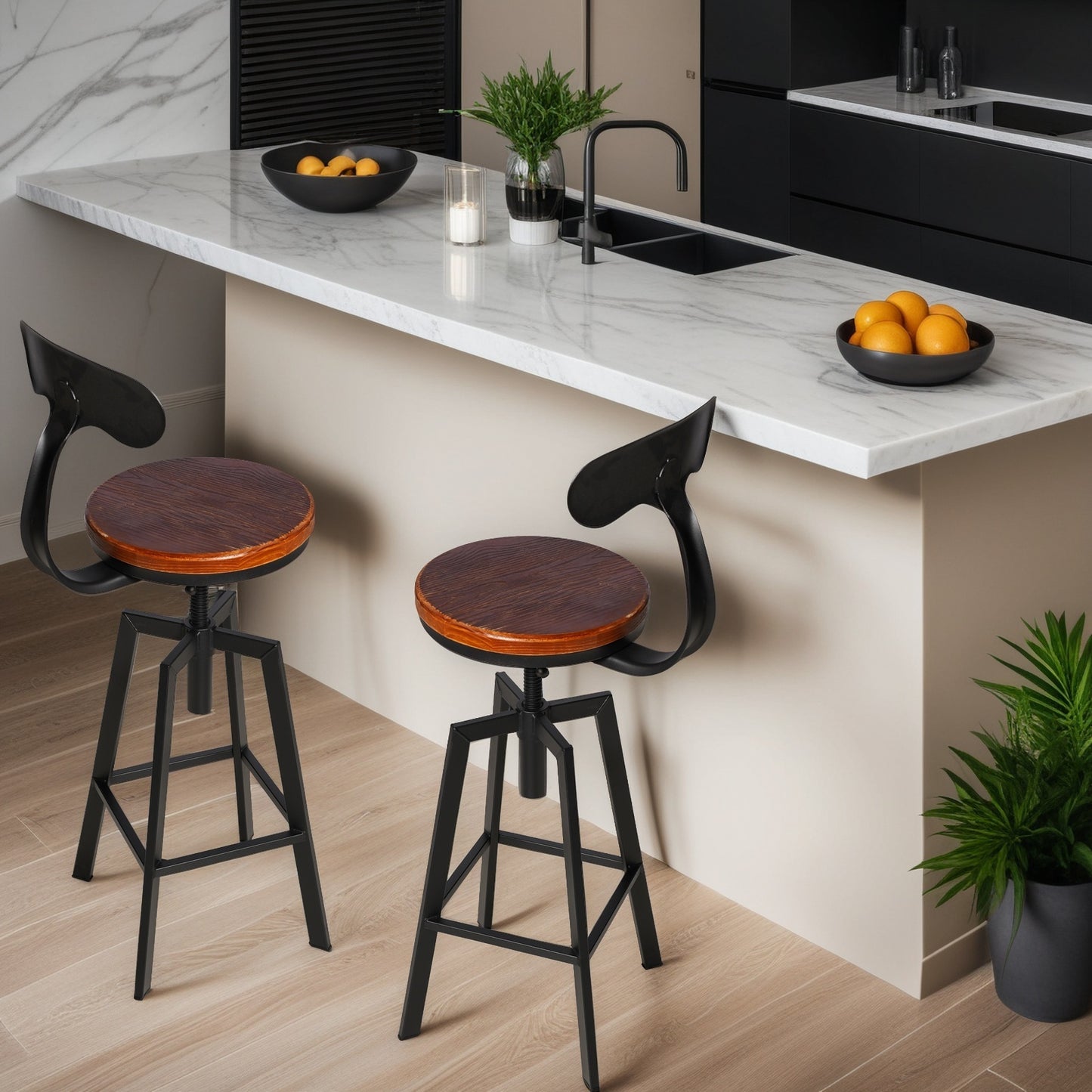 SET OF 2,24.8"-28.74" Tall Adjustable Swivel Stools with Iron Backrest Industrial Farmhouse Bar Stools Home Kitchen Dining Breakfast Chair,Brown Seat Top