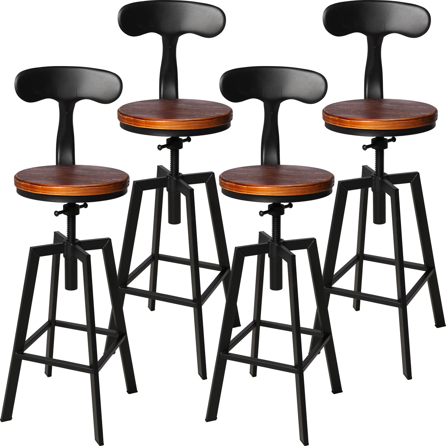 SET OF 4,24.8"-28.74" Tall Adjustable Swivel Stools with Iron Backrest Industrial Farmhouse Bar Stools Home Kitchen Dining Breakfast Chair,Brown Seat Top