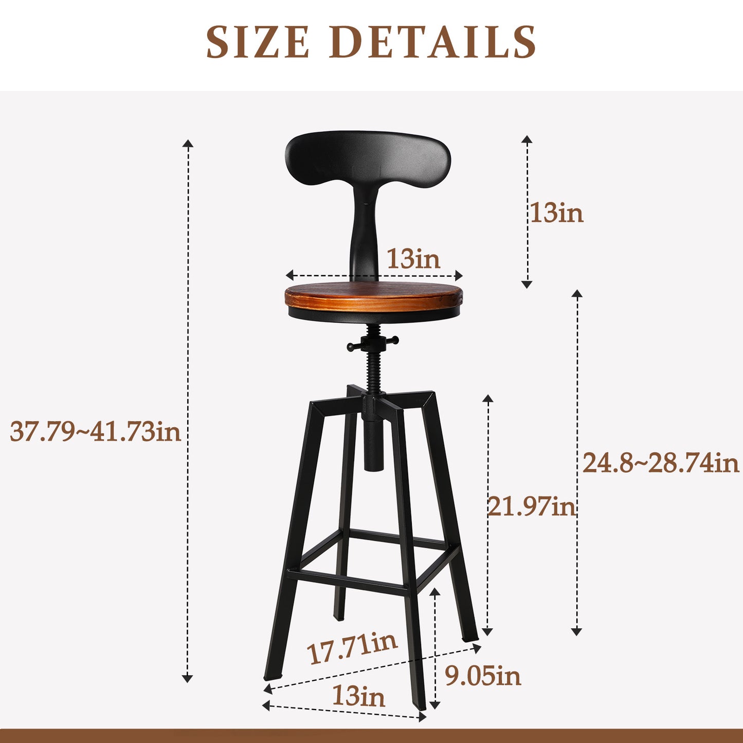 SET OF 4,24.8"-28.74" Tall Adjustable Swivel Stools with Iron Backrest Industrial Farmhouse Bar Stools Home Kitchen Dining Breakfast Chair,Brown Seat Top