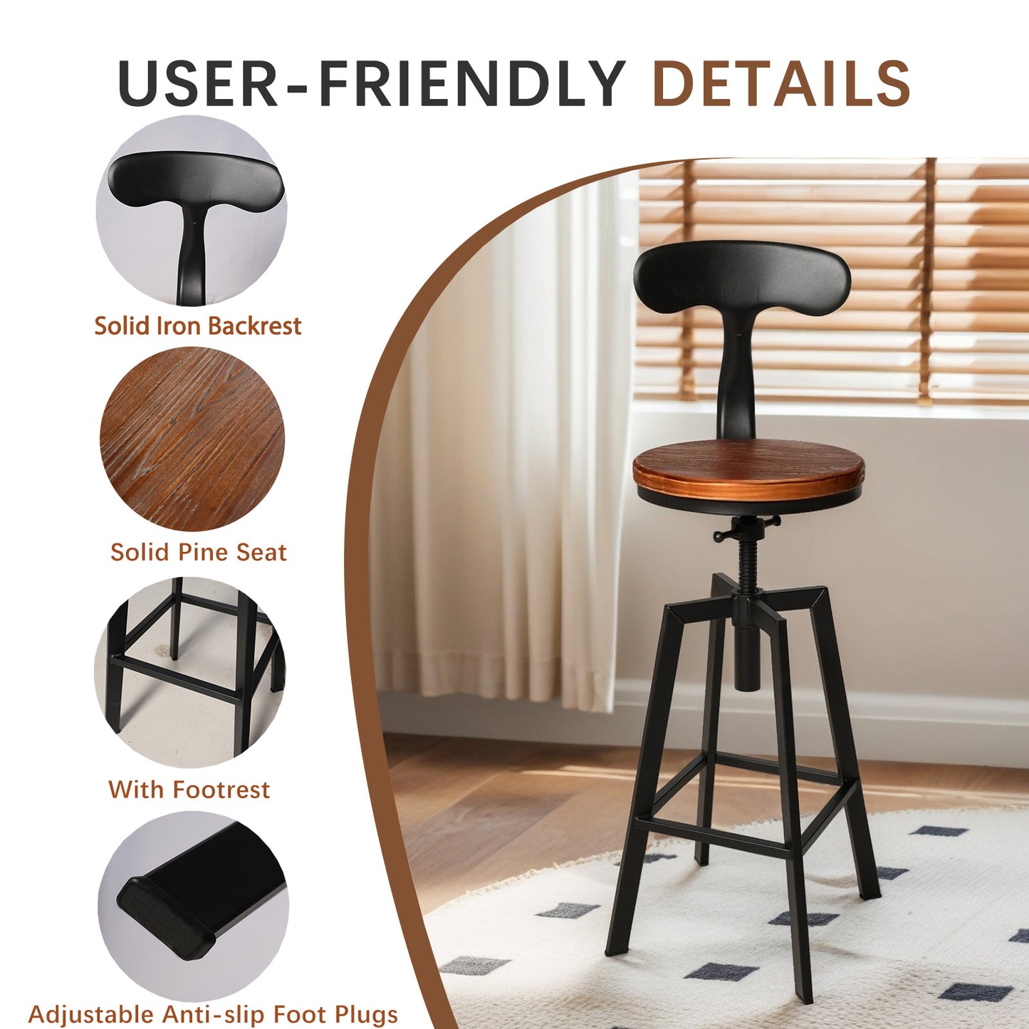 SET OF 4,24.8"-28.74" Tall Adjustable Swivel Stools with Iron Backrest Industrial Farmhouse Bar Stools Home Kitchen Dining Breakfast Chair,Brown Seat Top