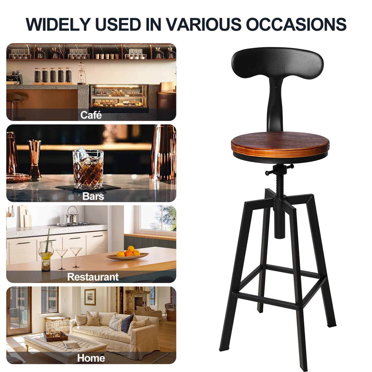 SET OF 4,24.8"-28.74" Tall Adjustable Swivel Stools with Iron Backrest Industrial Farmhouse Bar Stools Home Kitchen Dining Breakfast Chair,Brown Seat Top