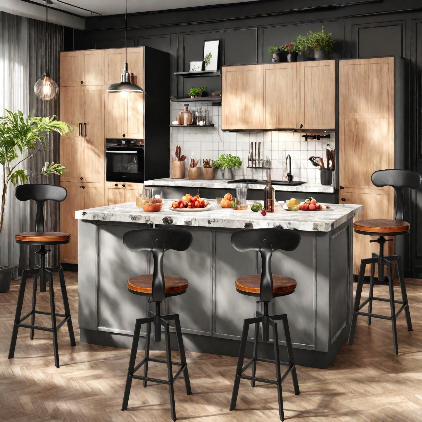 SET OF 4,24.8"-28.74" Tall Adjustable Swivel Stools with Iron Backrest Industrial Farmhouse Bar Stools Home Kitchen Dining Breakfast Chair,Brown Seat Top