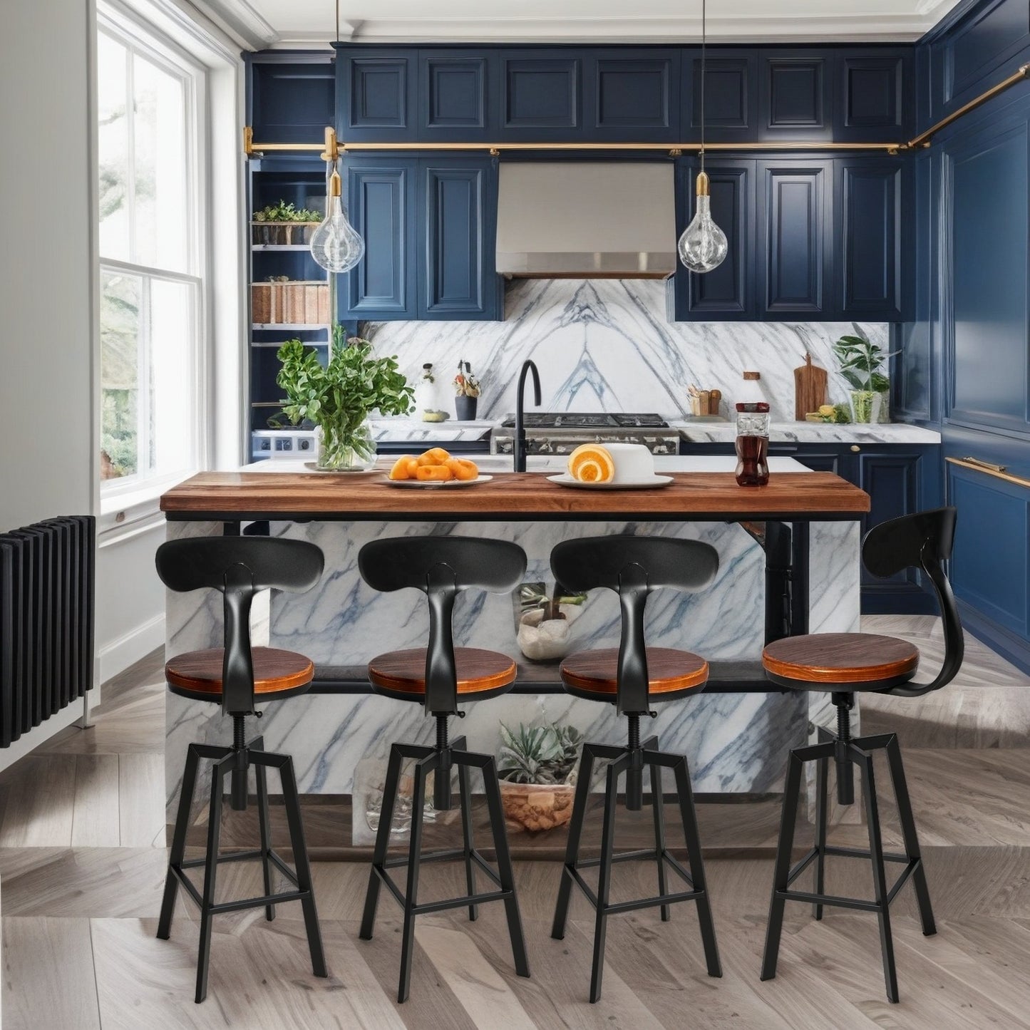 SET OF 4,24.8"-28.74" Tall Adjustable Swivel Stools with Iron Backrest Industrial Farmhouse Bar Stools Home Kitchen Dining Breakfast Chair,Brown Seat Top