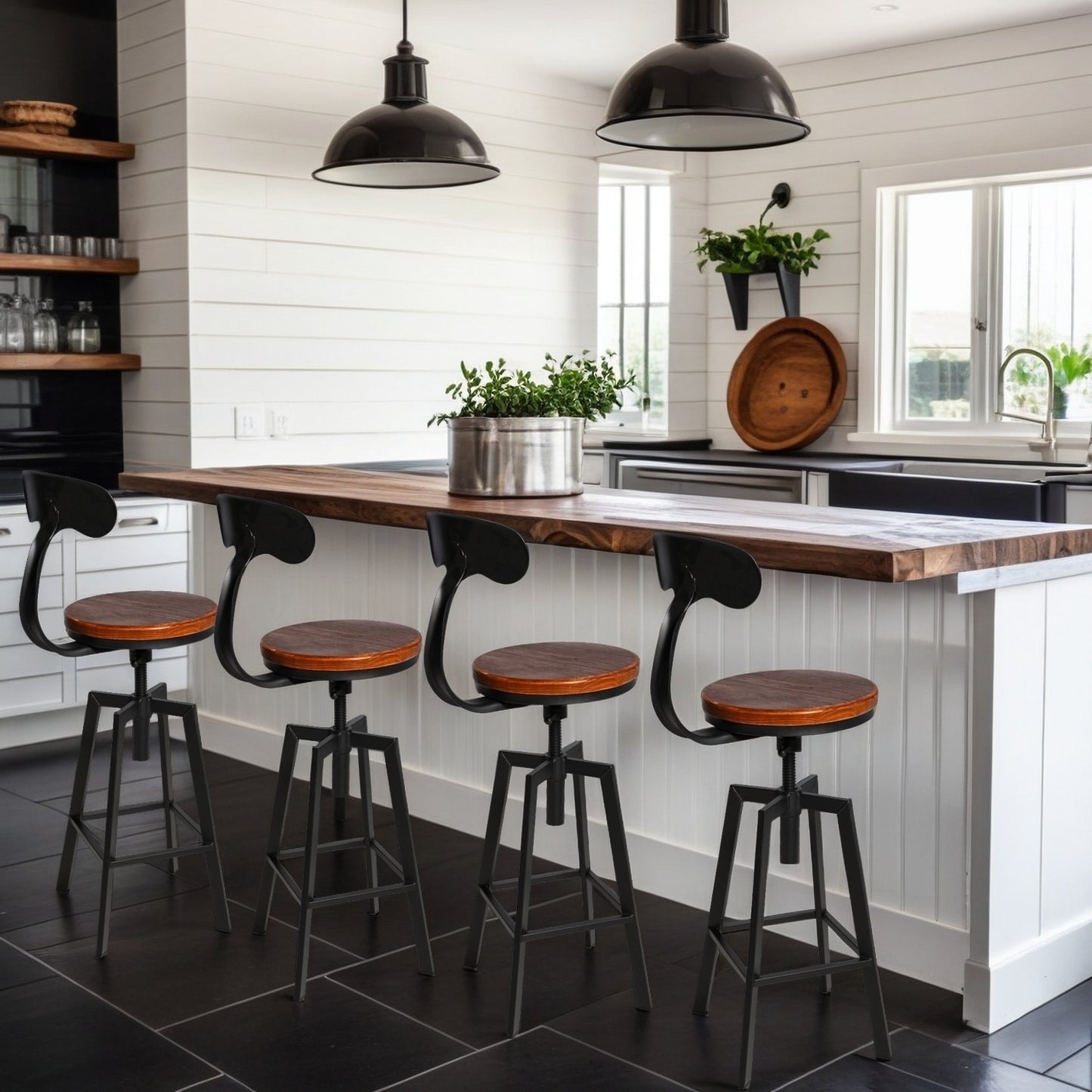 SET OF 4,24.8"-28.74" Tall Adjustable Swivel Stools with Iron Backrest Industrial Farmhouse Bar Stools Home Kitchen Dining Breakfast Chair,Brown Seat Top