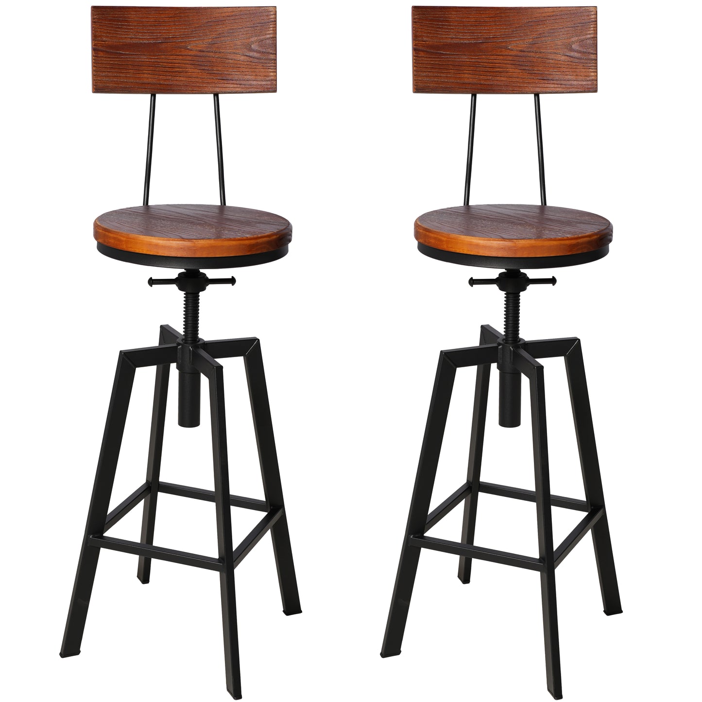 SET OF 2,24.8"-28.74" Tall Adjustable Swivel Stools with Backrest Industrial Farmhouse Bar Stools Home Kitchen Dining Breakfast Chair,Brown Seat Top