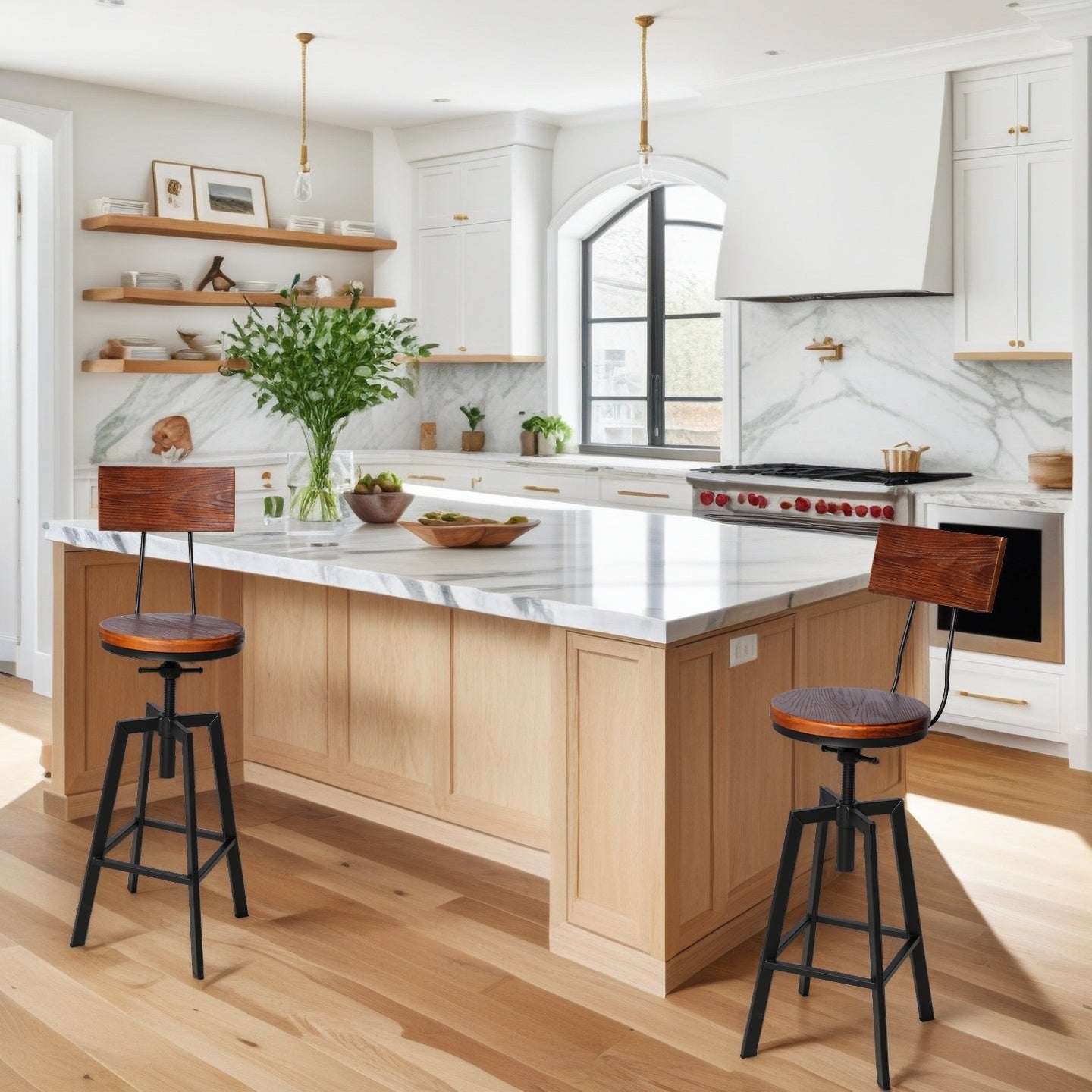 SET OF 2,24.8"-28.74" Tall Adjustable Swivel Stools with Backrest Industrial Farmhouse Bar Stools Home Kitchen Dining Breakfast Chair,Brown Seat Top