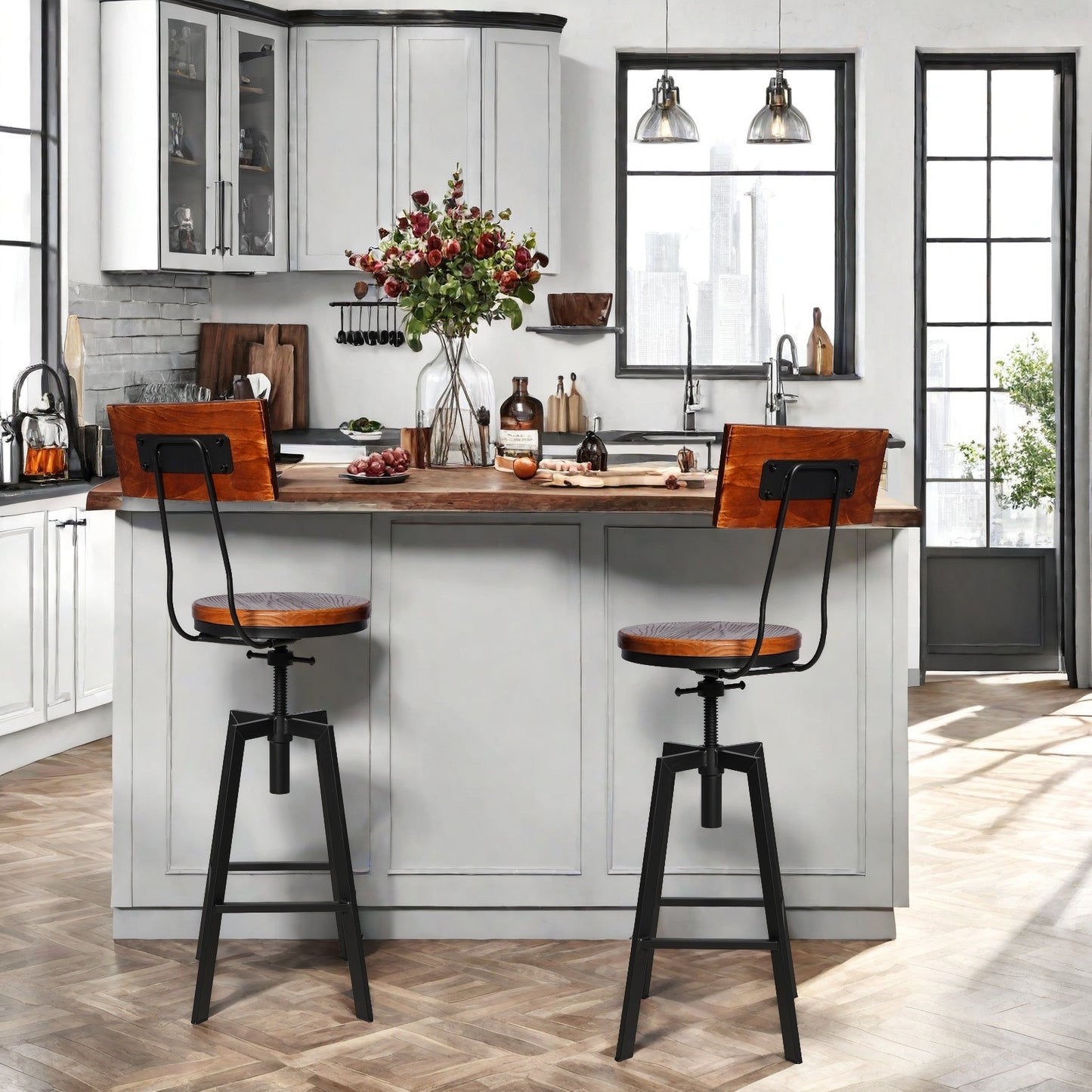 SET OF 2,24.8"-28.74" Tall Adjustable Swivel Stools with Backrest Industrial Farmhouse Bar Stools Home Kitchen Dining Breakfast Chair,Brown Seat Top