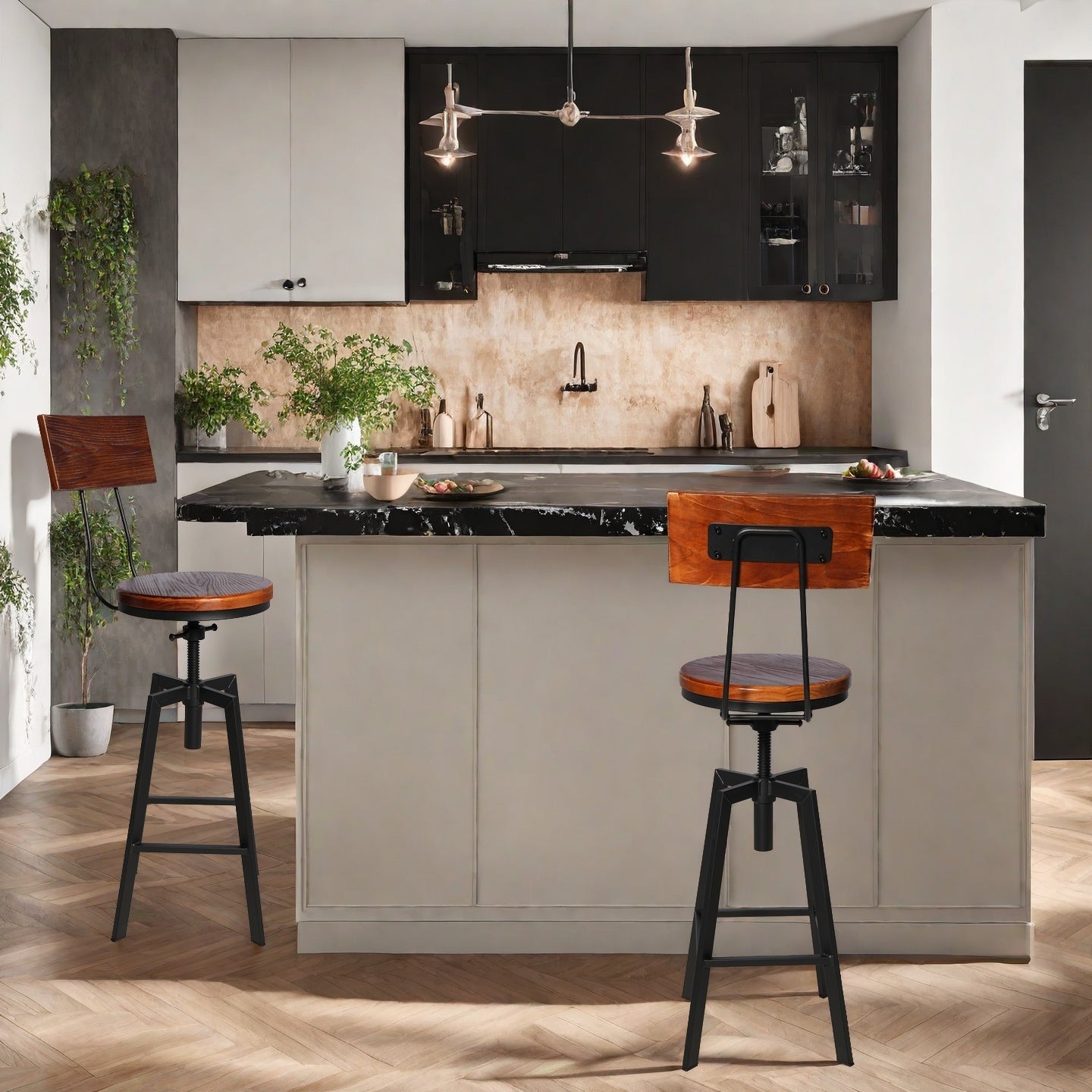 SET OF 2,24.8"-28.74" Tall Adjustable Swivel Stools with Backrest Industrial Farmhouse Bar Stools Home Kitchen Dining Breakfast Chair,Brown Seat Top