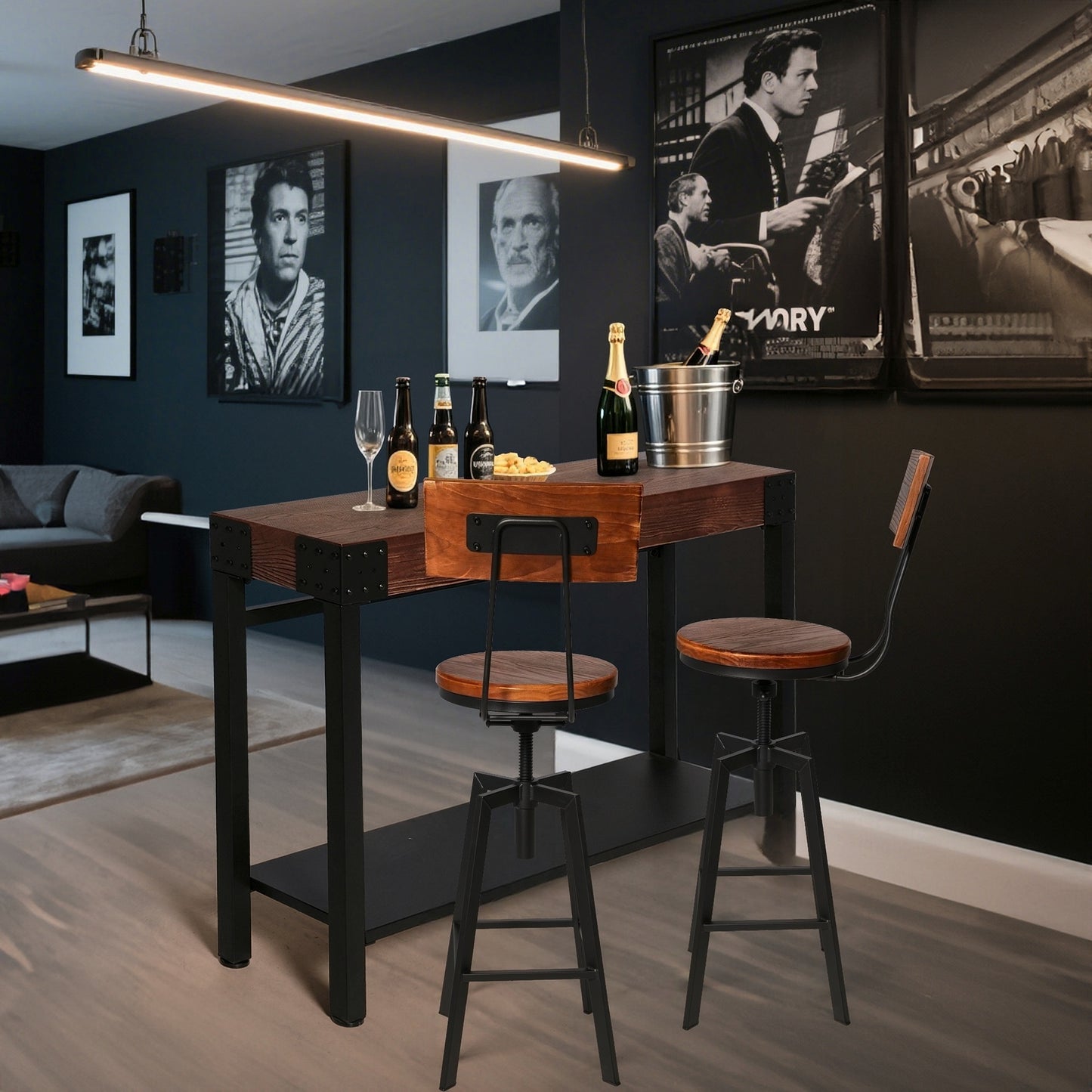 SET OF 2,24.8"-28.74" Tall Adjustable Swivel Stools with Backrest Industrial Farmhouse Bar Stools Home Kitchen Dining Breakfast Chair,Brown Seat Top