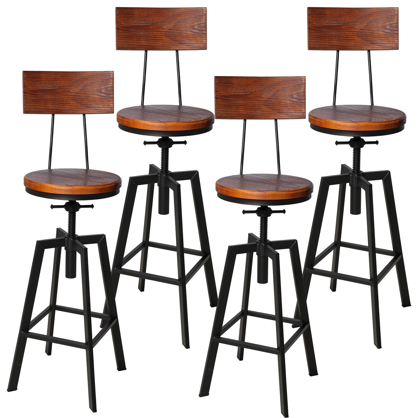 SET OF 4,24.8"-28.74" Tall Adjustable Swivel Stools with Backrest Industrial Farmhouse Bar Stools Home Kitchen Dining Breakfast Chair,Brown Seat Top