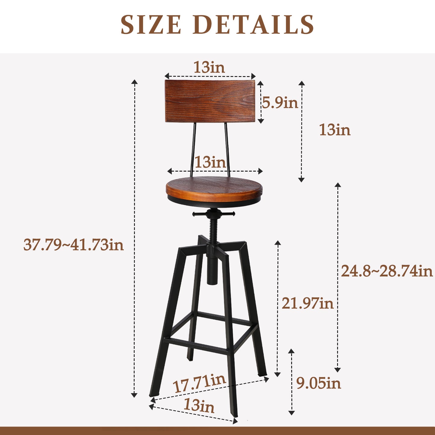 SET OF 4,24.8"-28.74" Tall Adjustable Swivel Stools with Backrest Industrial Farmhouse Bar Stools Home Kitchen Dining Breakfast Chair,Brown Seat Top