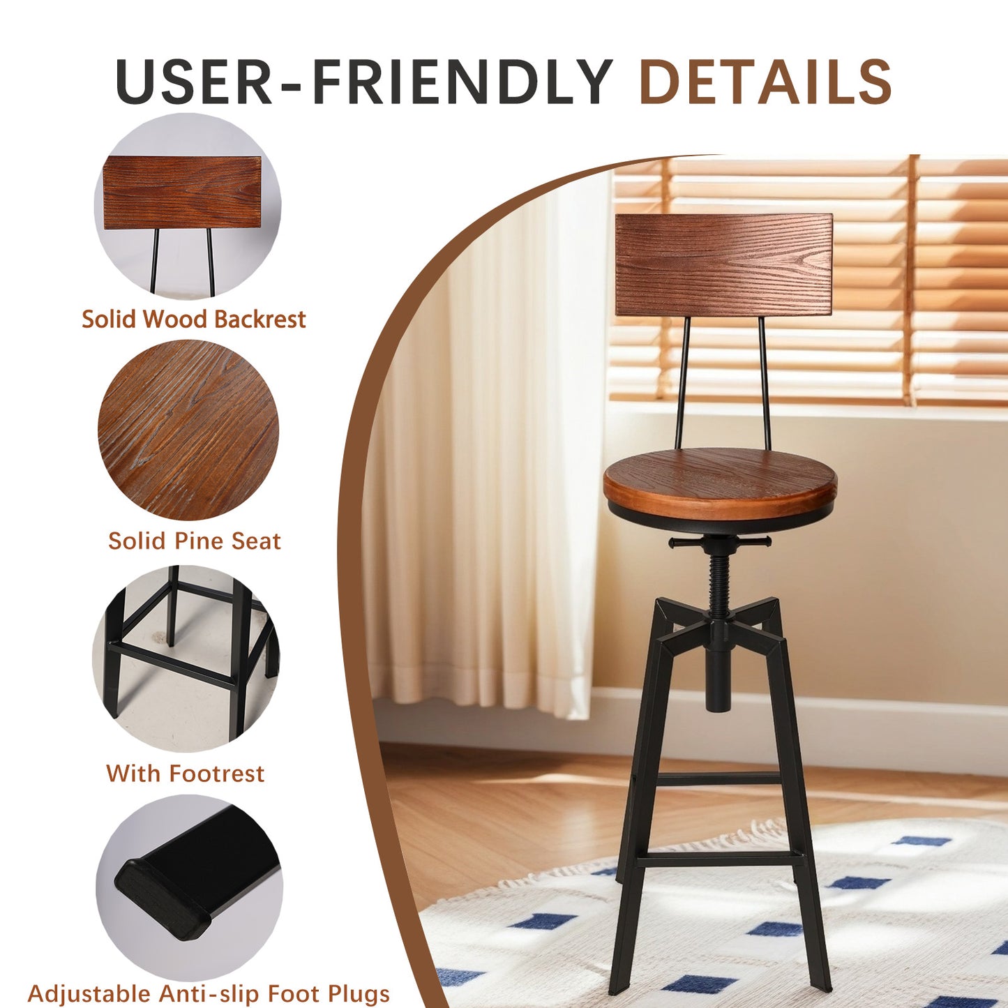 SET OF 4,24.8"-28.74" Tall Adjustable Swivel Stools with Backrest Industrial Farmhouse Bar Stools Home Kitchen Dining Breakfast Chair,Brown Seat Top