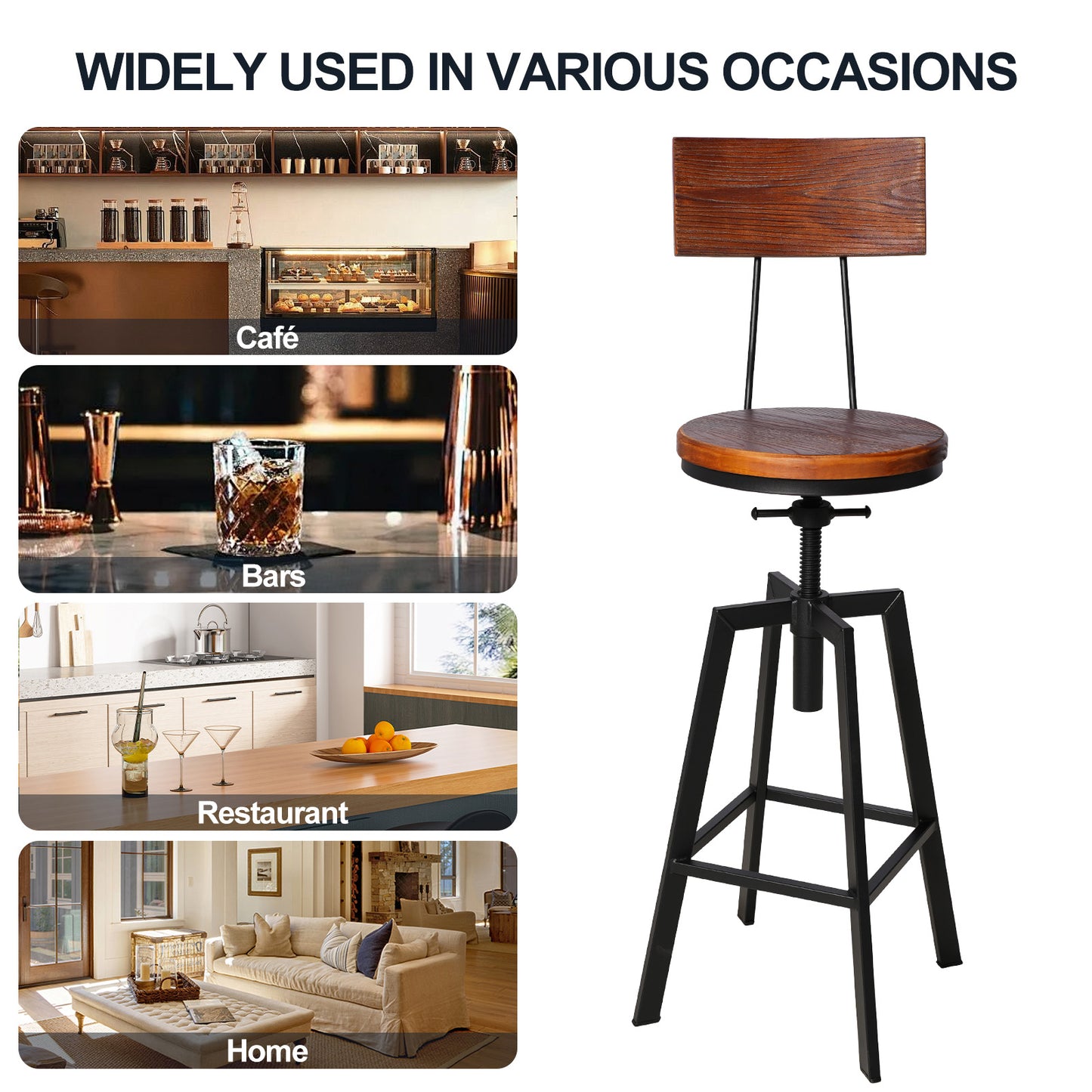 SET OF 4,24.8"-28.74" Tall Adjustable Swivel Stools with Backrest Industrial Farmhouse Bar Stools Home Kitchen Dining Breakfast Chair,Brown Seat Top