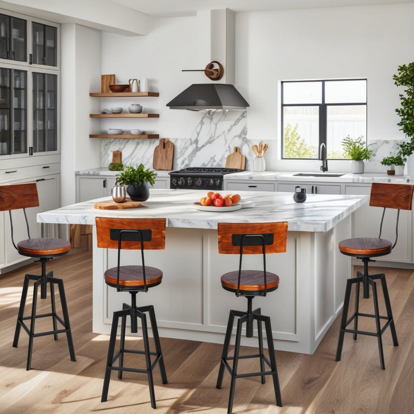 SET OF 4,24.8"-28.74" Tall Adjustable Swivel Stools with Backrest Industrial Farmhouse Bar Stools Home Kitchen Dining Breakfast Chair,Brown Seat Top
