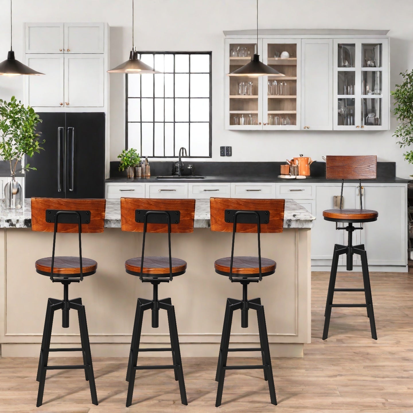 SET OF 4,24.8"-28.74" Tall Adjustable Swivel Stools with Backrest Industrial Farmhouse Bar Stools Home Kitchen Dining Breakfast Chair,Brown Seat Top