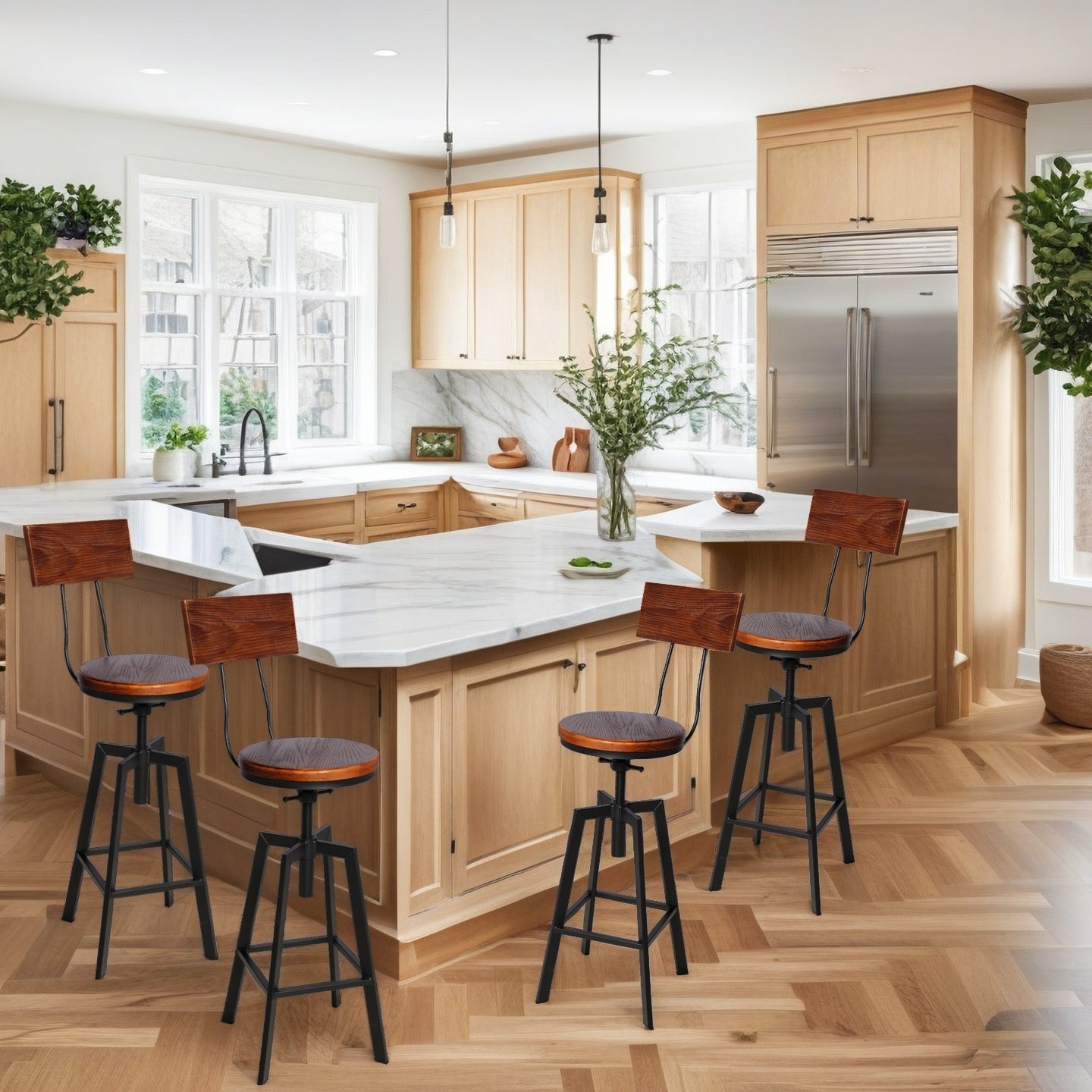 SET OF 4,24.8"-28.74" Tall Adjustable Swivel Stools with Backrest Industrial Farmhouse Bar Stools Home Kitchen Dining Breakfast Chair,Brown Seat Top