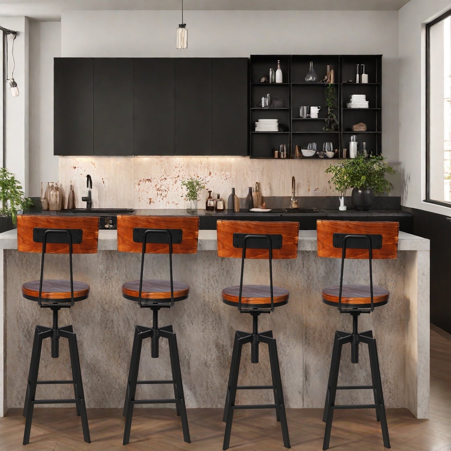 SET OF 4,24.8"-28.74" Tall Adjustable Swivel Stools with Backrest Industrial Farmhouse Bar Stools Home Kitchen Dining Breakfast Chair,Brown Seat Top