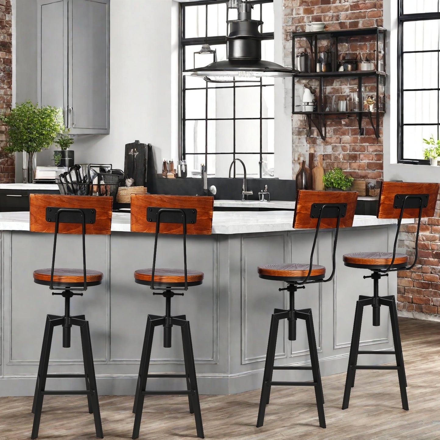 SET OF 4,24.8"-28.74" Tall Adjustable Swivel Stools with Backrest Industrial Farmhouse Bar Stools Home Kitchen Dining Breakfast Chair,Brown Seat Top
