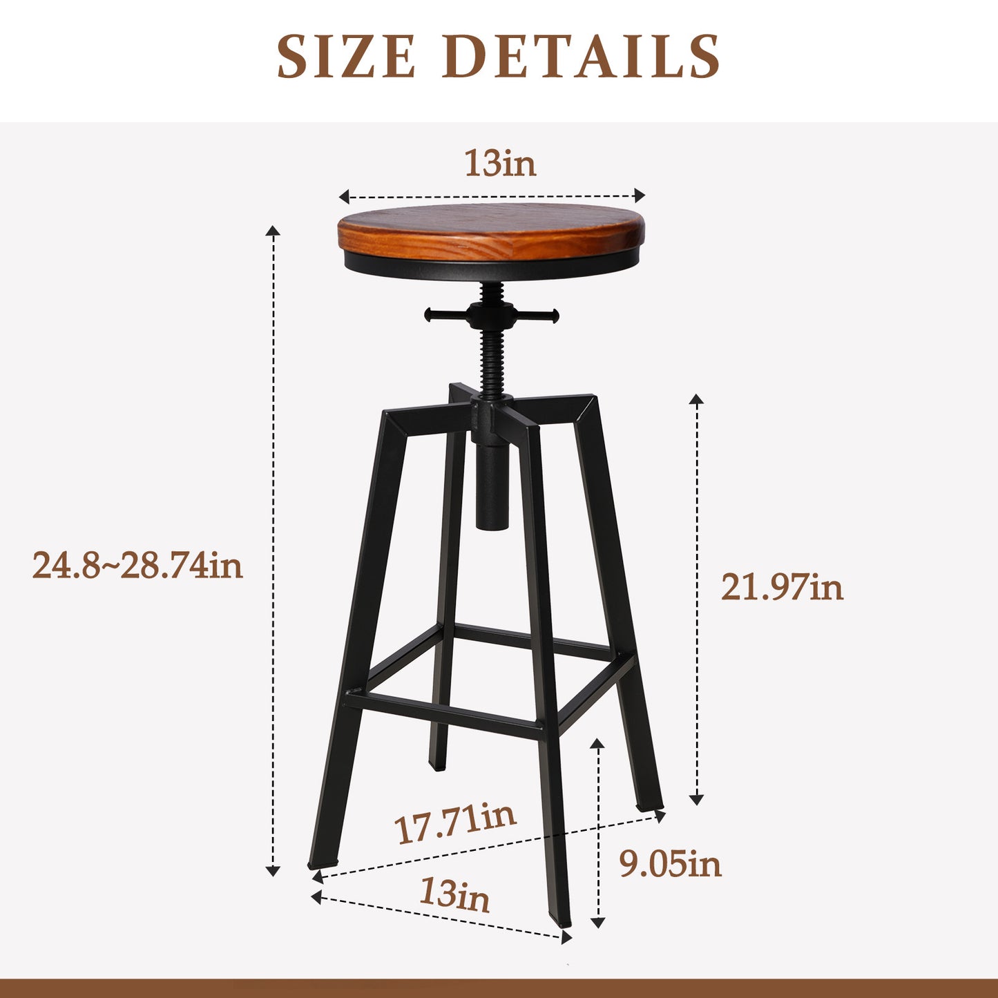 SET OF 2,24.8"-28.74" Tall Adjustable Swivel Stools Industrial Farmhouse Bar Stools Home Kitchen Dining Breakfast Chair,Brown Seat Top