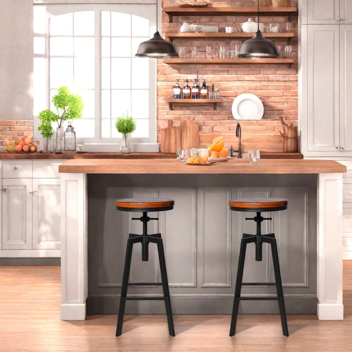 SET OF 2,24.8"-28.74" Tall Adjustable Swivel Stools Industrial Farmhouse Bar Stools Home Kitchen Dining Breakfast Chair,Brown Seat Top