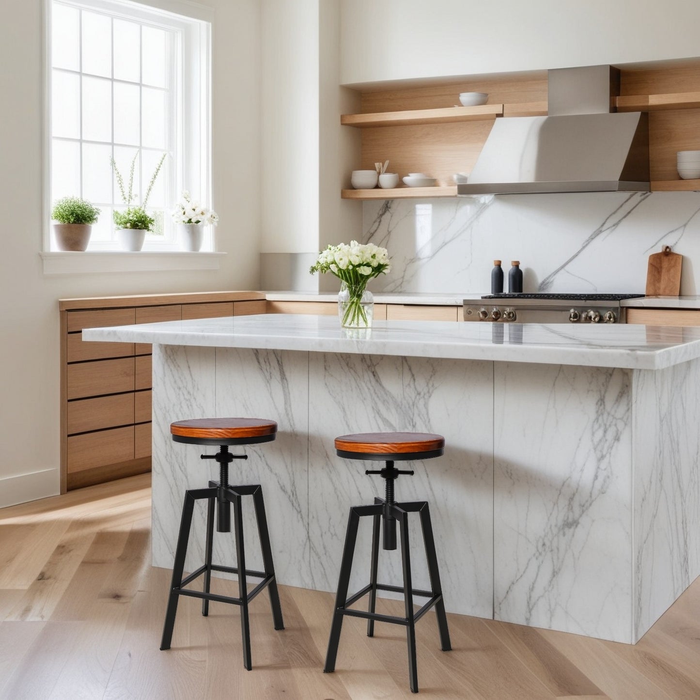 SET OF 2,24.8"-28.74" Tall Adjustable Swivel Stools Industrial Farmhouse Bar Stools Home Kitchen Dining Breakfast Chair,Brown Seat Top