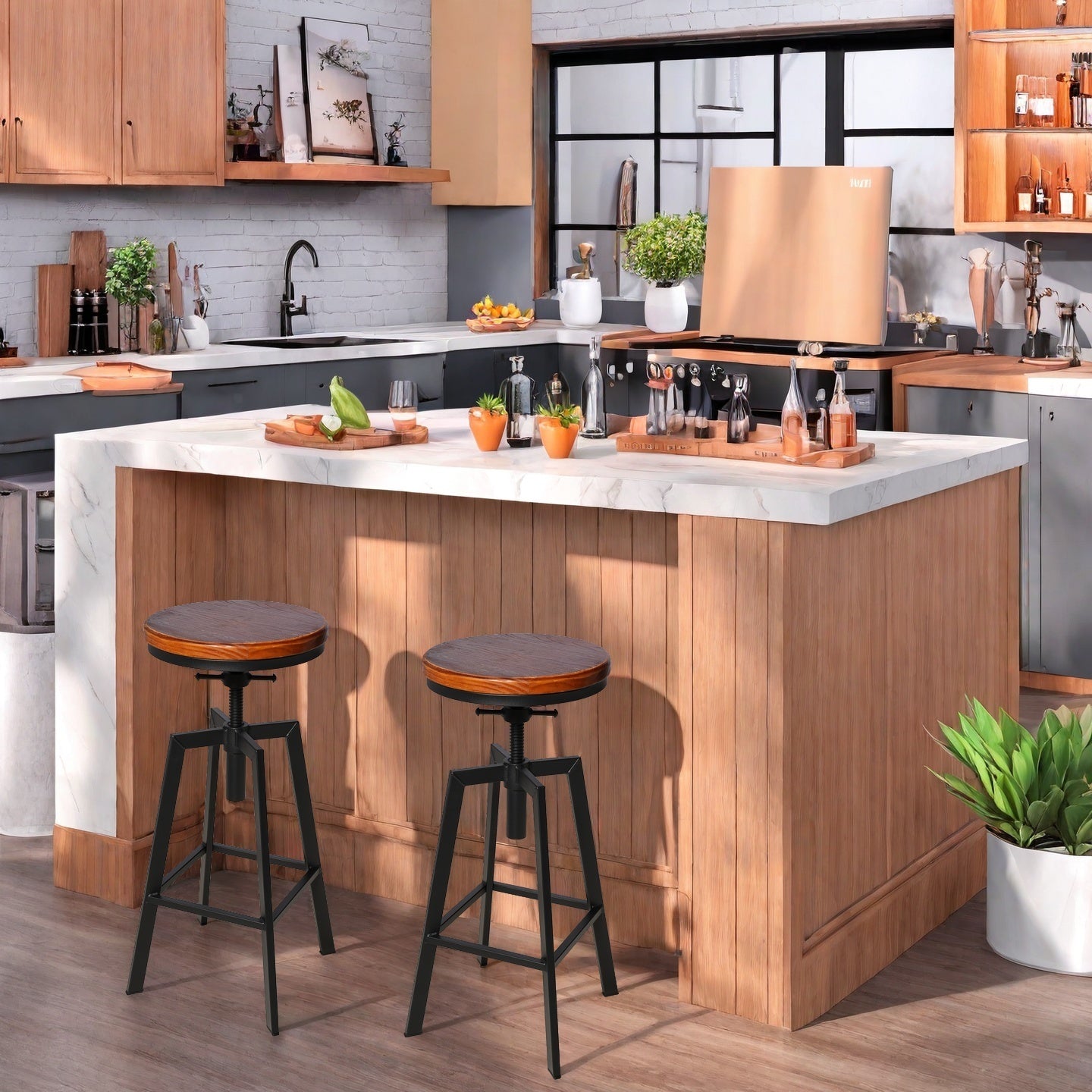 SET OF 2,24.8"-28.74" Tall Adjustable Swivel Stools Industrial Farmhouse Bar Stools Home Kitchen Dining Breakfast Chair,Brown Seat Top