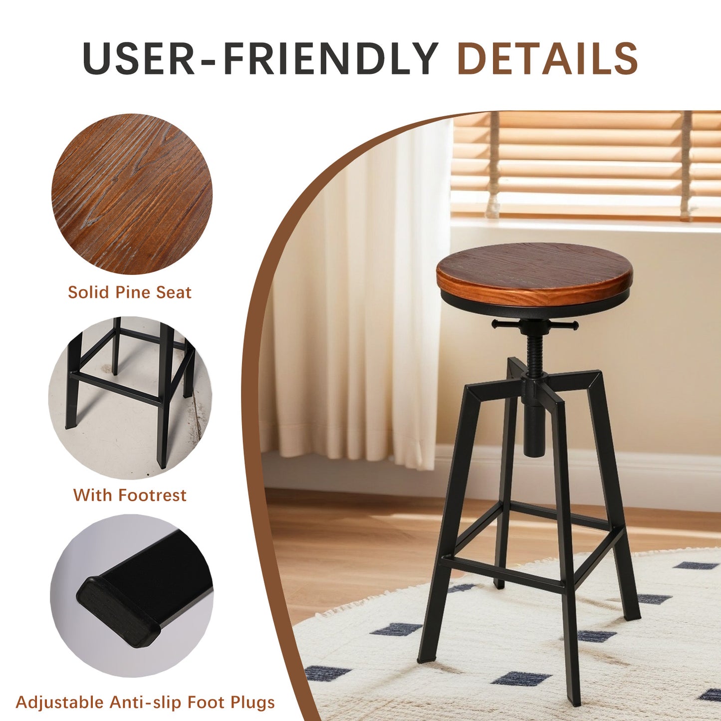 SET OF 4,24.8"-28.74" Tall Adjustable Swivel Stools Industrial Farmhouse Bar Stools Home Kitchen Dining Breakfast Chair,Brown Seat Top