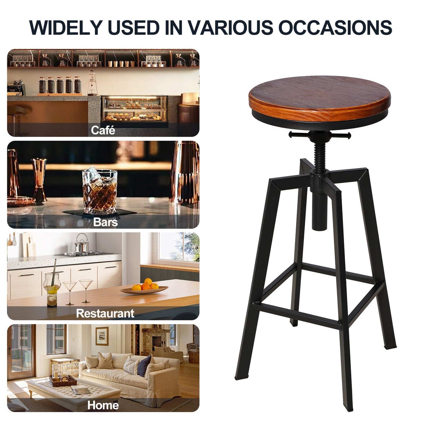 SET OF 4,24.8"-28.74" Tall Adjustable Swivel Stools Industrial Farmhouse Bar Stools Home Kitchen Dining Breakfast Chair,Brown Seat Top