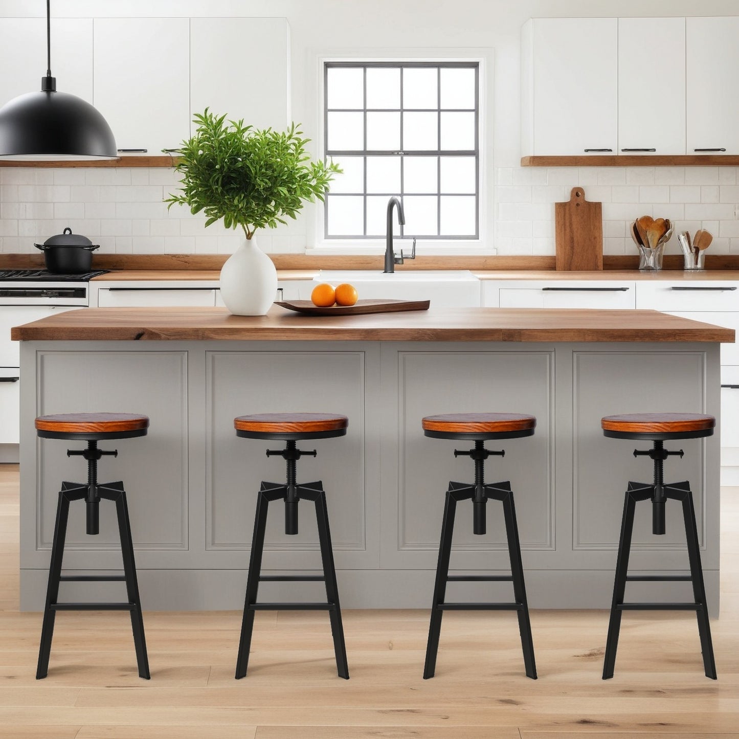 SET OF 4,24.8"-28.74" Tall Adjustable Swivel Stools Industrial Farmhouse Bar Stools Home Kitchen Dining Breakfast Chair,Brown Seat Top