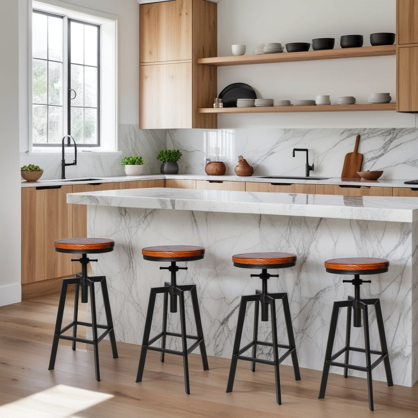 SET OF 4,24.8"-28.74" Tall Adjustable Swivel Stools Industrial Farmhouse Bar Stools Home Kitchen Dining Breakfast Chair,Brown Seat Top