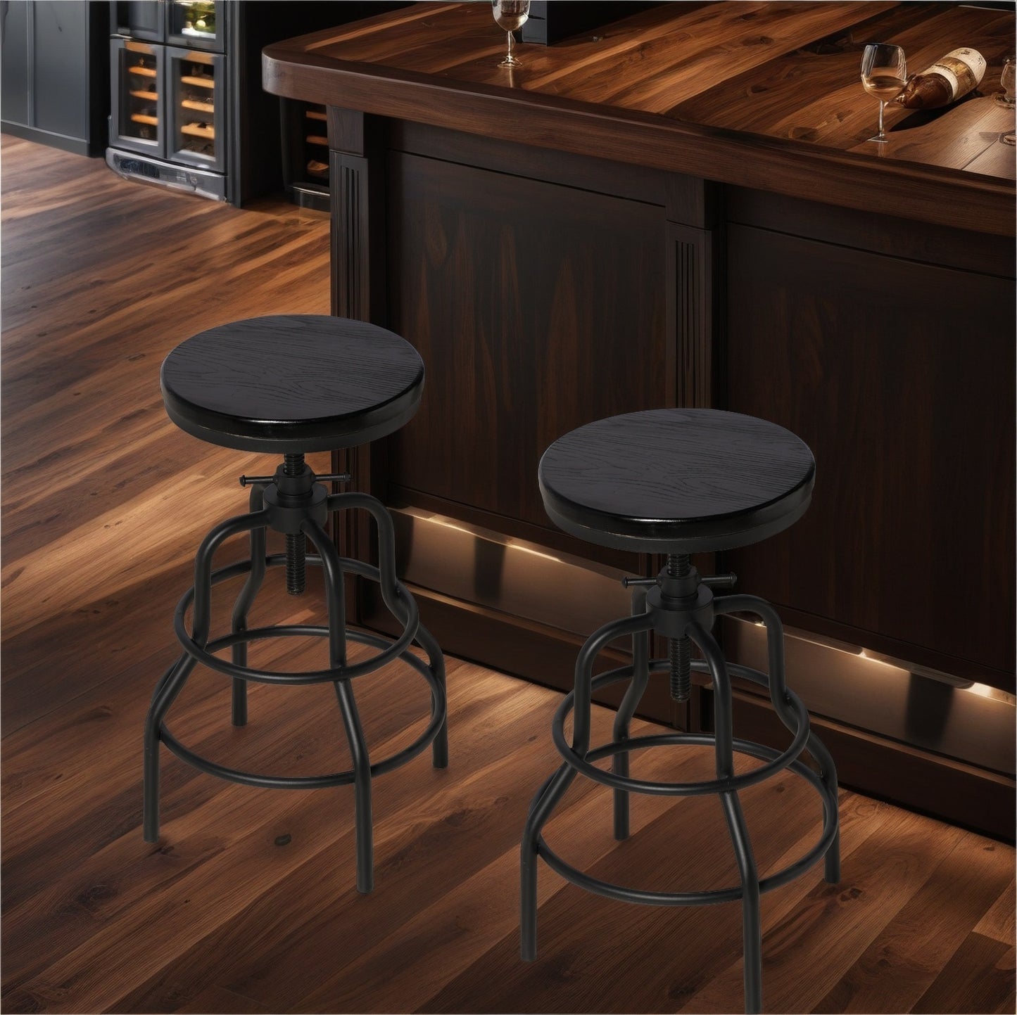Vintage Industrial Bar Stool-Rustic Swivel Bar Stool-Round Wood Metal Stool-Counter/Bar Height Adjustable Pipe Stool-Cast Steel Stool 23.62"-29.52" (Set of 2)