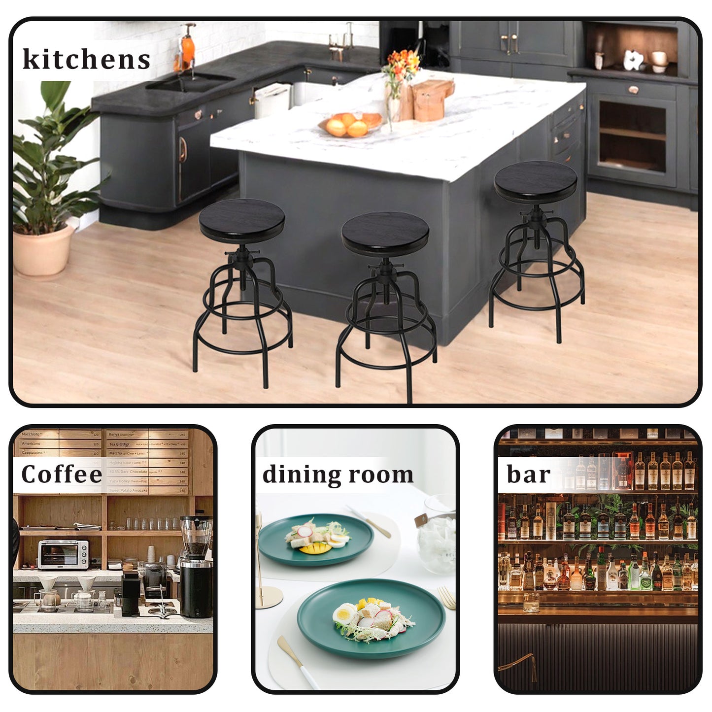 Vintage Industrial Bar Stool-Rustic Swivel Bar Stool-Round Wood Metal Stool-Counter/Bar Height Adjustable Pipe Stool-Cast Steel Stool 23.62"-29.52" (Set of 2)