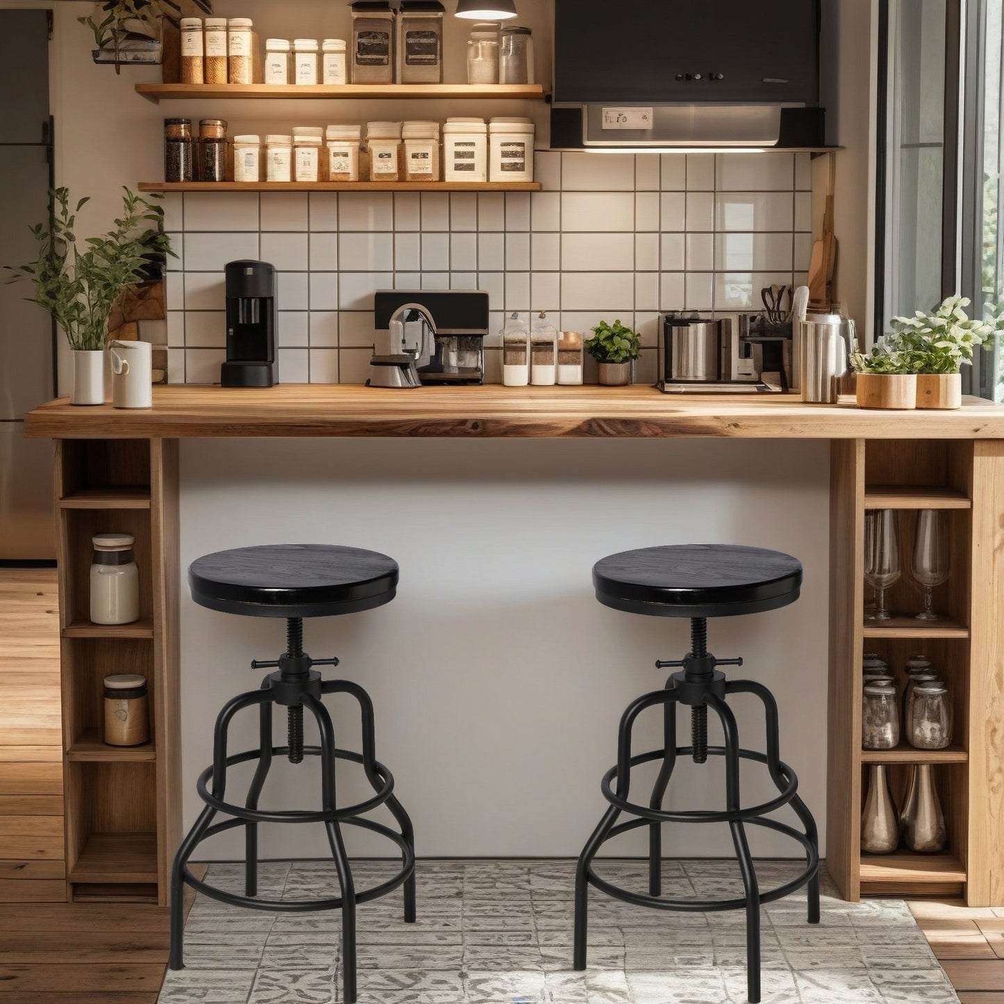 Vintage Industrial Bar Stool-Rustic Swivel Bar Stool-Round Wood Metal Stool-Counter/Bar Height Adjustable Pipe Stool-Cast Steel Stool 23.62"-29.52" (Set of 2)