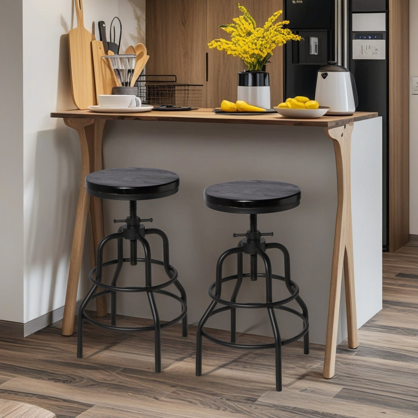 Vintage Industrial Bar Stool-Rustic Swivel Bar Stool-Round Wood Metal Stool-Counter/Bar Height Adjustable Pipe Stool-Cast Steel Stool 23.62"-29.52" (Set of 2)