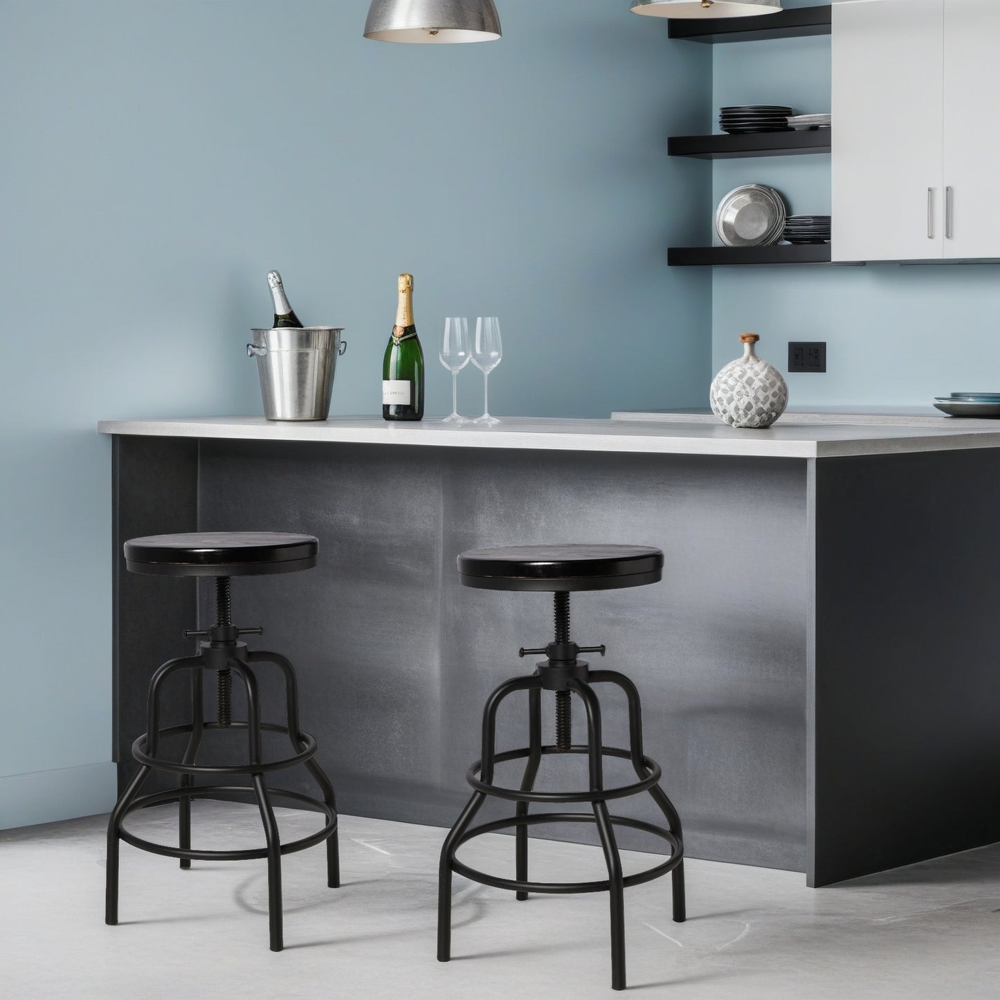Vintage Industrial Bar Stool-Rustic Swivel Bar Stool-Round Wood Metal Stool-Counter/Bar Height Adjustable Pipe Stool-Cast Steel Stool 23.62"-29.52" (Set of 2)