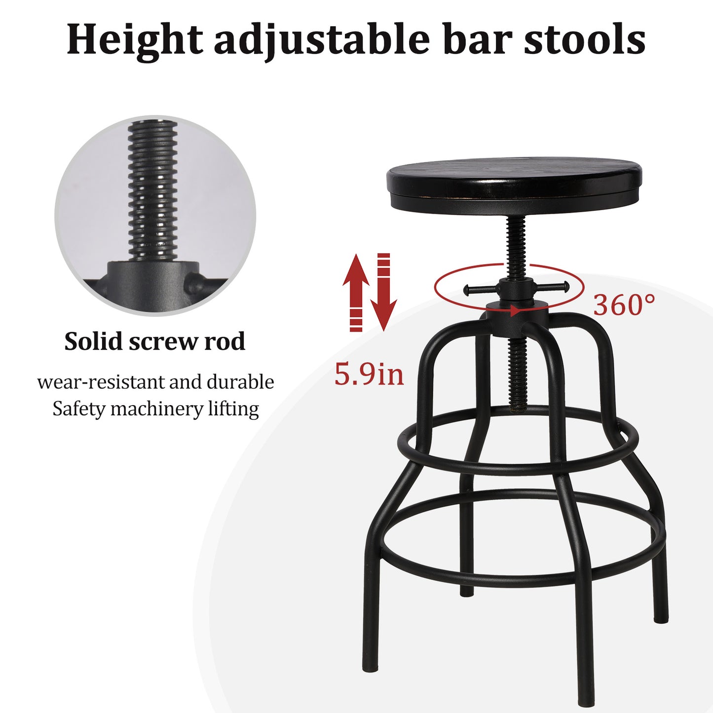 Vintage Industrial Bar Stool-Rustic Swivel Bar Stool-Round Wood Metal Stool-Counter/Bar Height Adjustable Pipe Stool-Cast Steel Stool 23.62"-29.52" (Set of 4)