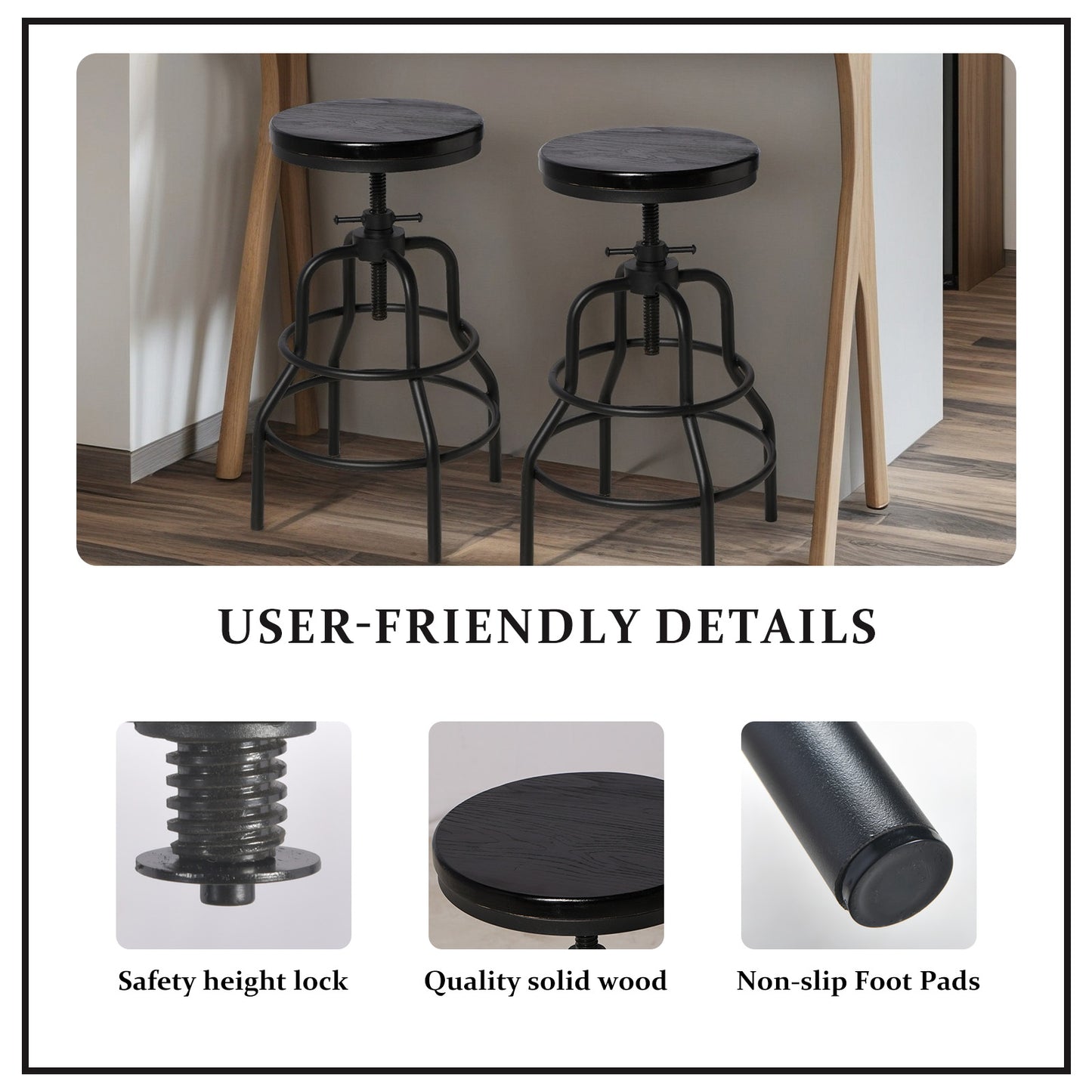 Vintage Industrial Bar Stool-Rustic Swivel Bar Stool-Round Wood Metal Stool-Counter/Bar Height Adjustable Pipe Stool-Cast Steel Stool 23.62"-29.52" (Set of 4)