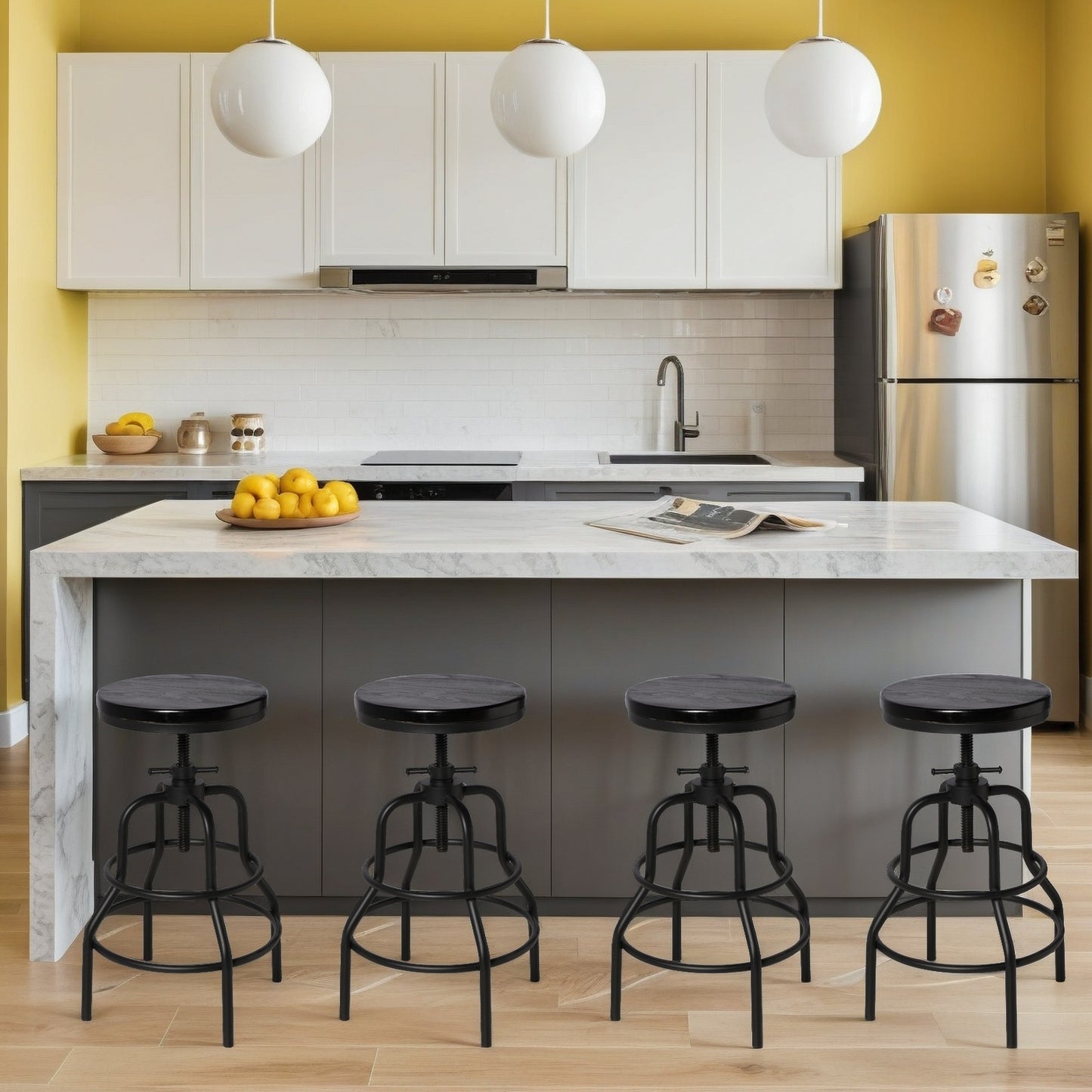 Vintage Industrial Bar Stool-Rustic Swivel Bar Stool-Round Wood Metal Stool-Counter/Bar Height Adjustable Pipe Stool-Cast Steel Stool 23.62"-29.52" (Set of 4)