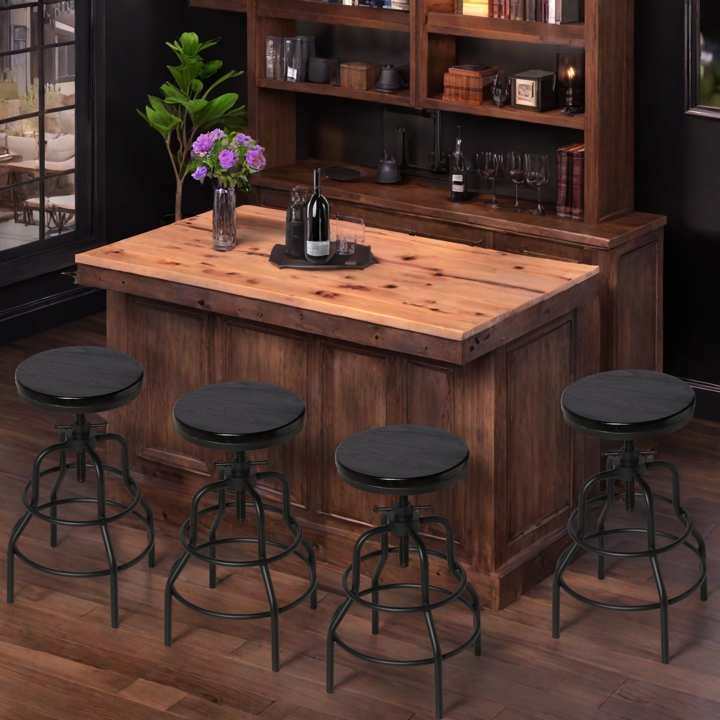 Vintage Industrial Bar Stool-Rustic Swivel Bar Stool-Round Wood Metal Stool-Counter/Bar Height Adjustable Pipe Stool-Cast Steel Stool 23.62"-29.52" (Set of 4)