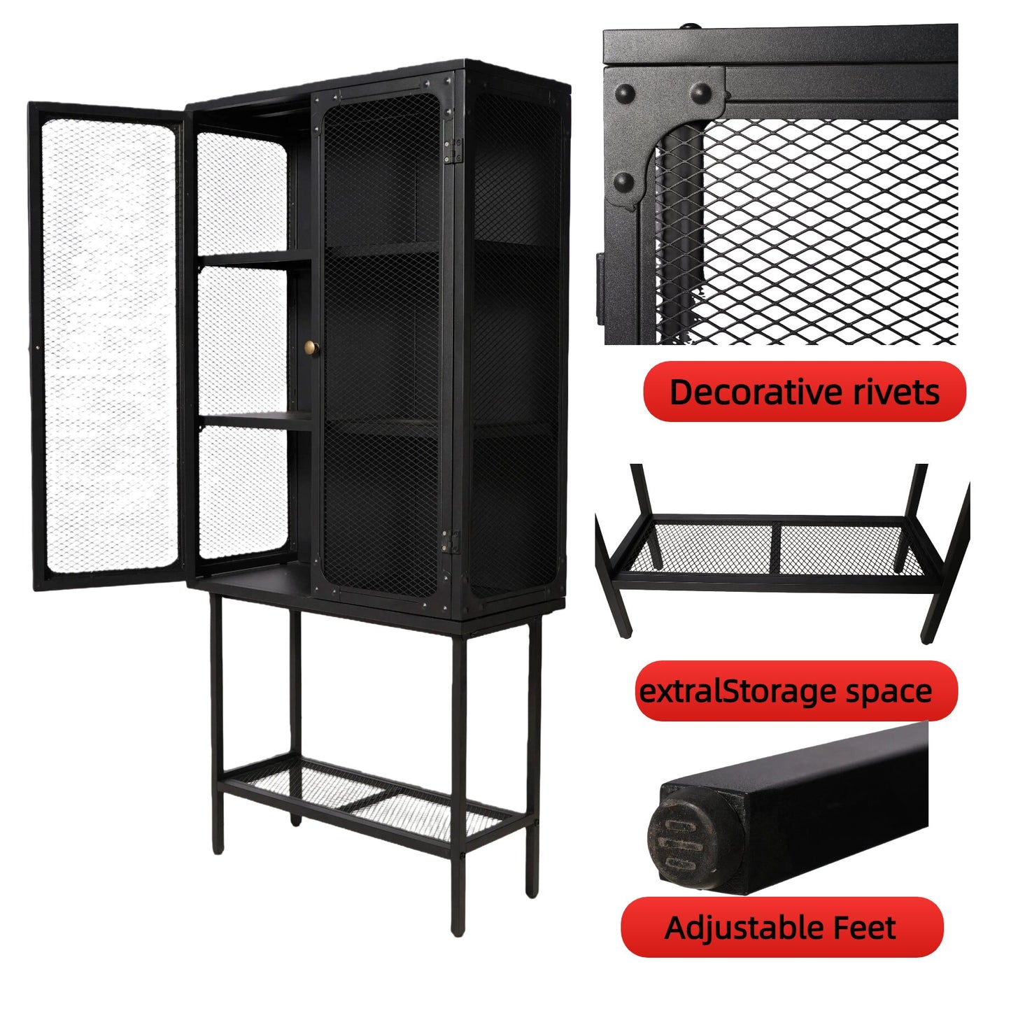 Industrial style storage cabinet  home kitchen storage cabinet against the wall retro tin cabinet living room iron dining cabinet(Black)