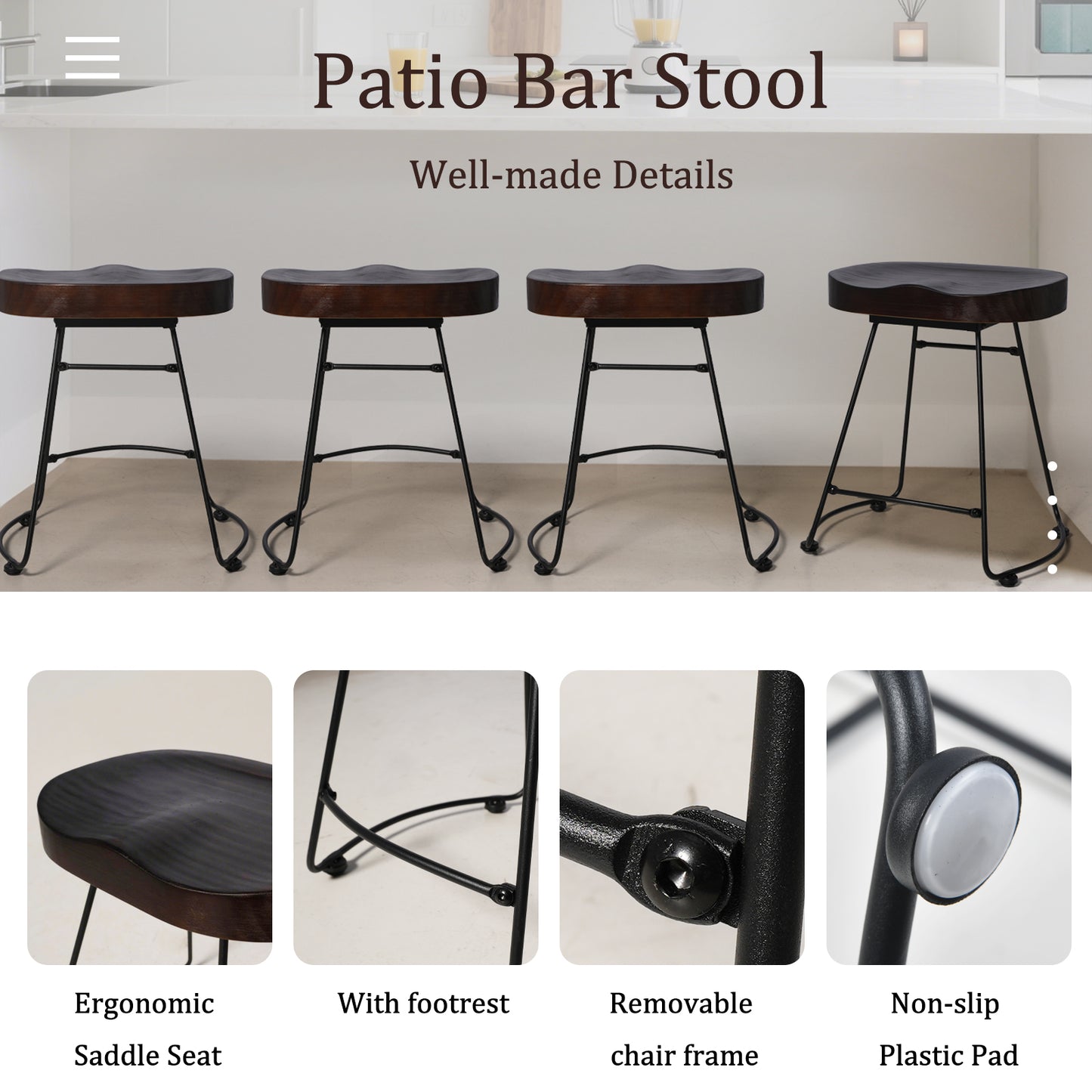 Set of 2 Modern Bar Stools, American Retro Country Style Dining Chairs, Mid Century Wooden Saddle Top Short Bar stool with Tubular Metal Base, 19.29 Inches