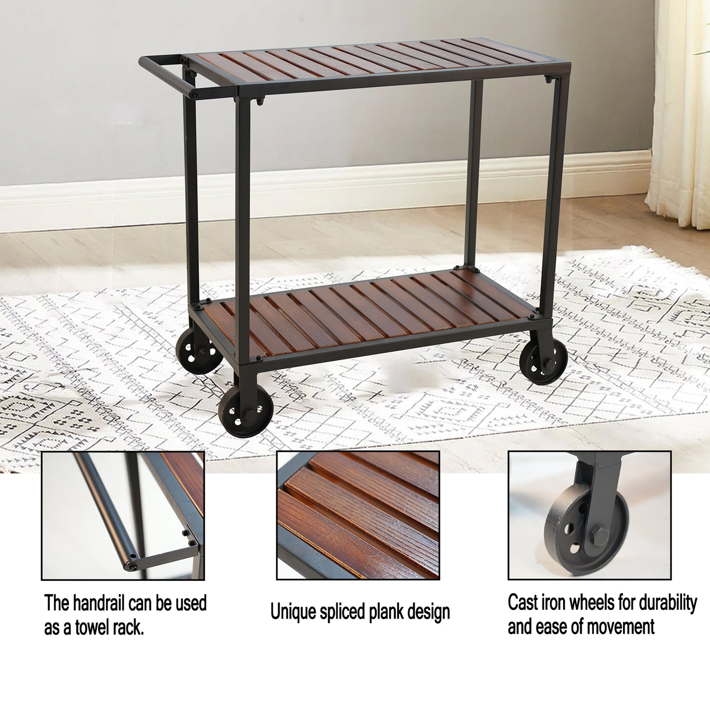 Vintage Rolling Bar Cart on Wheels Industrial Mobile Serving Cart Metal and Wood Design for Kitchen Bar Office Coffee House 35.52" Lx15.75"Wx31.73"H 2 Tier with 1 Side Handle