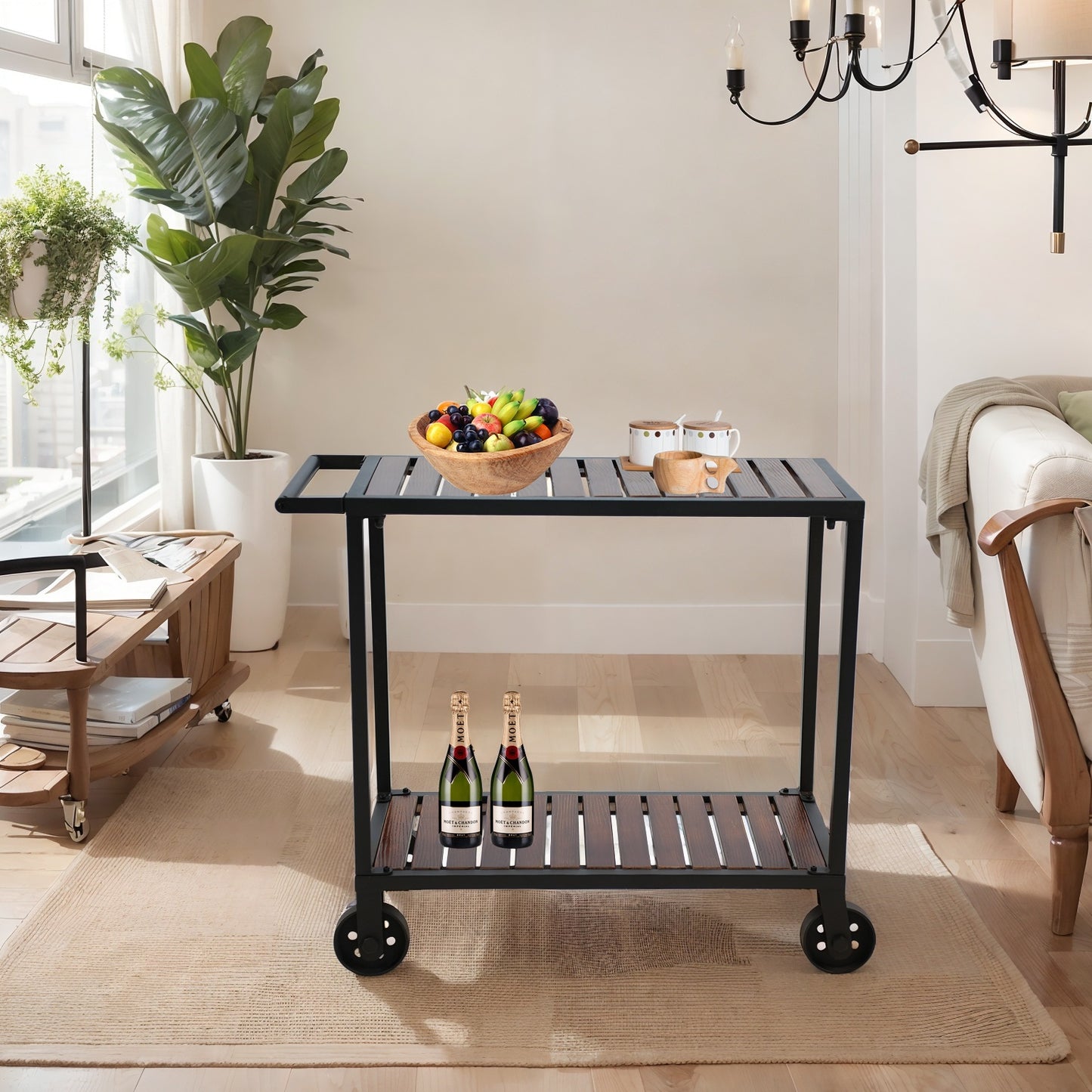 Vintage Rolling Bar Cart on Wheels Industrial Mobile Serving Cart Metal and Wood Design for Kitchen Bar Office Coffee House 35.52" Lx15.75"Wx31.73"H 2 Tier with 1 Side Handle