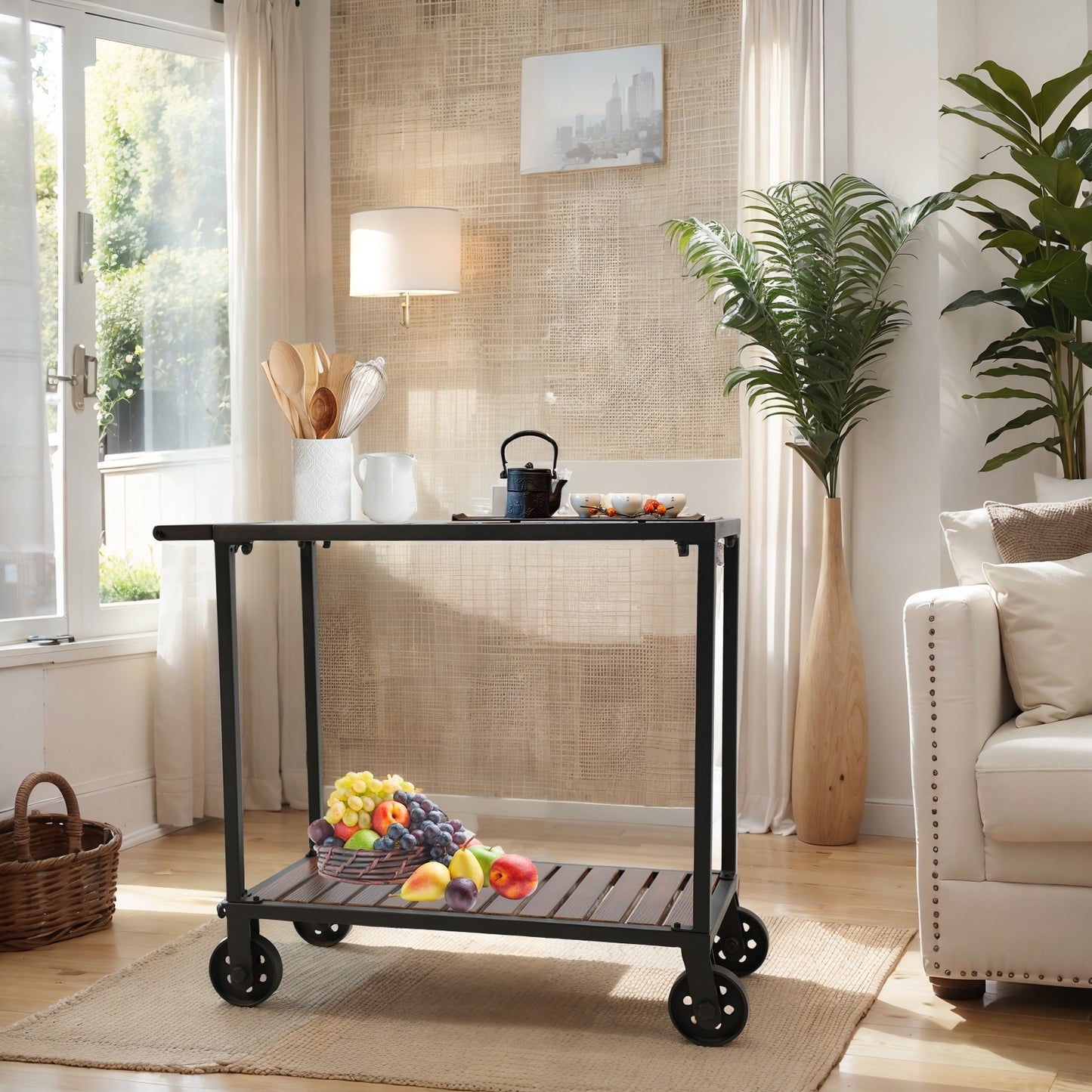 Vintage Rolling Bar Cart on Wheels Industrial Mobile Serving Cart Metal and Wood Design for Kitchen Bar Office Coffee House 35.52" Lx15.75"Wx31.73"H 2 Tier with 1 Side Handle
