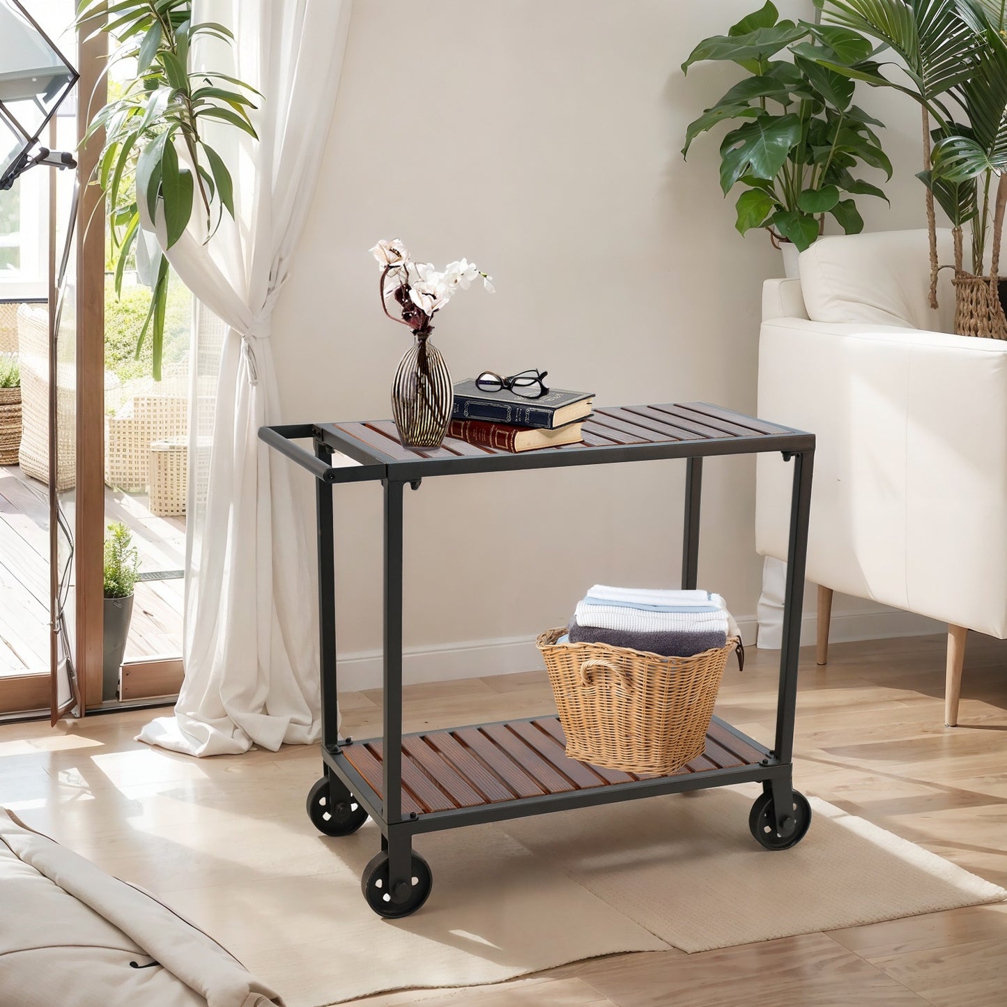 Vintage Rolling Bar Cart on Wheels Industrial Mobile Serving Cart Metal and Wood Design for Kitchen Bar Office Coffee House 35.52" Lx15.75"Wx31.73"H 2 Tier with 1 Side Handle