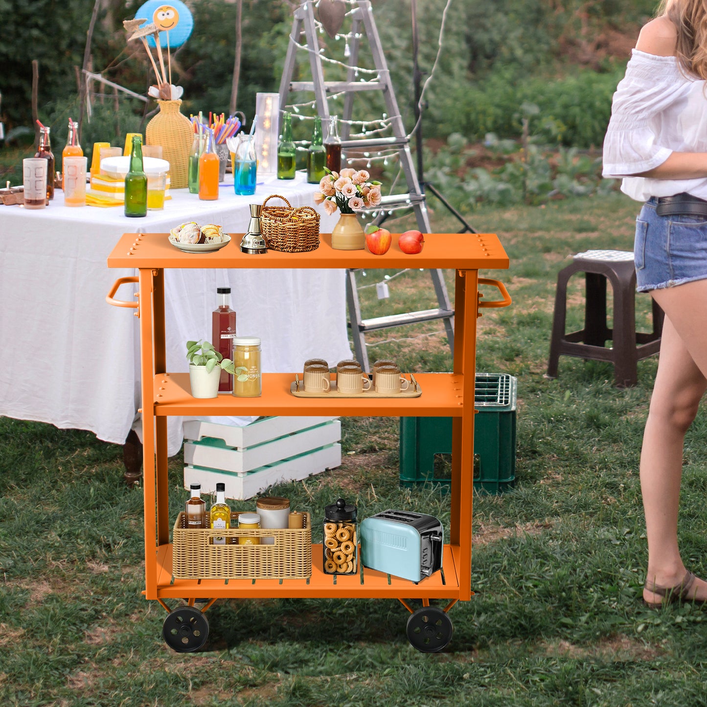 Industrial 3 Tier Mobile Bar Cart Rustic Metal Serving Cart with Wheels and Side Handles Vintage Rolling Kitchen Stand Cart-39.37" Lx15.75"Wx41.34" H,3 Tier with 2 Side Handle